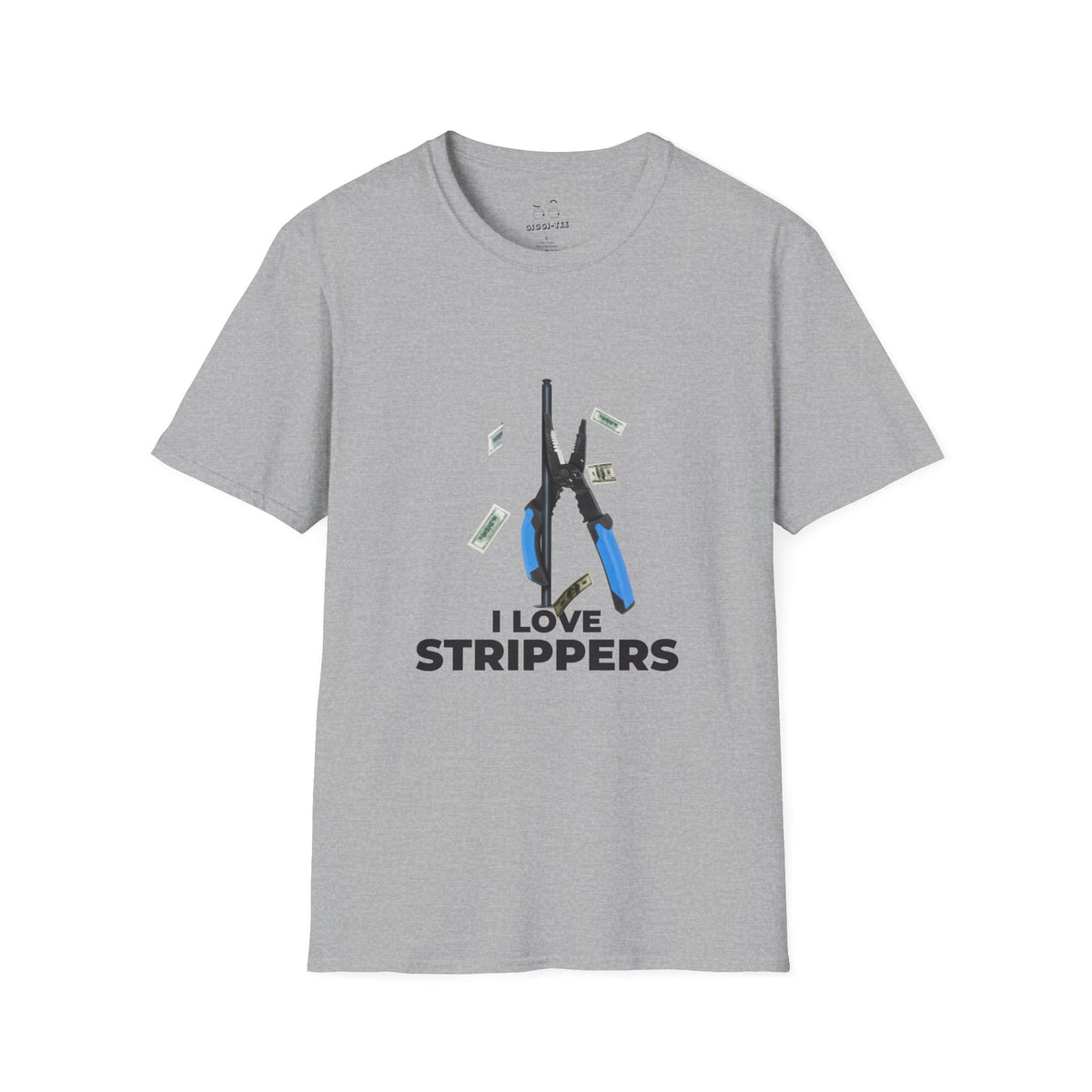 I Love Strippers T-shirt featuring a wire stripper dancing on a pole with flying dollar bills, funny electrician humor graphic.