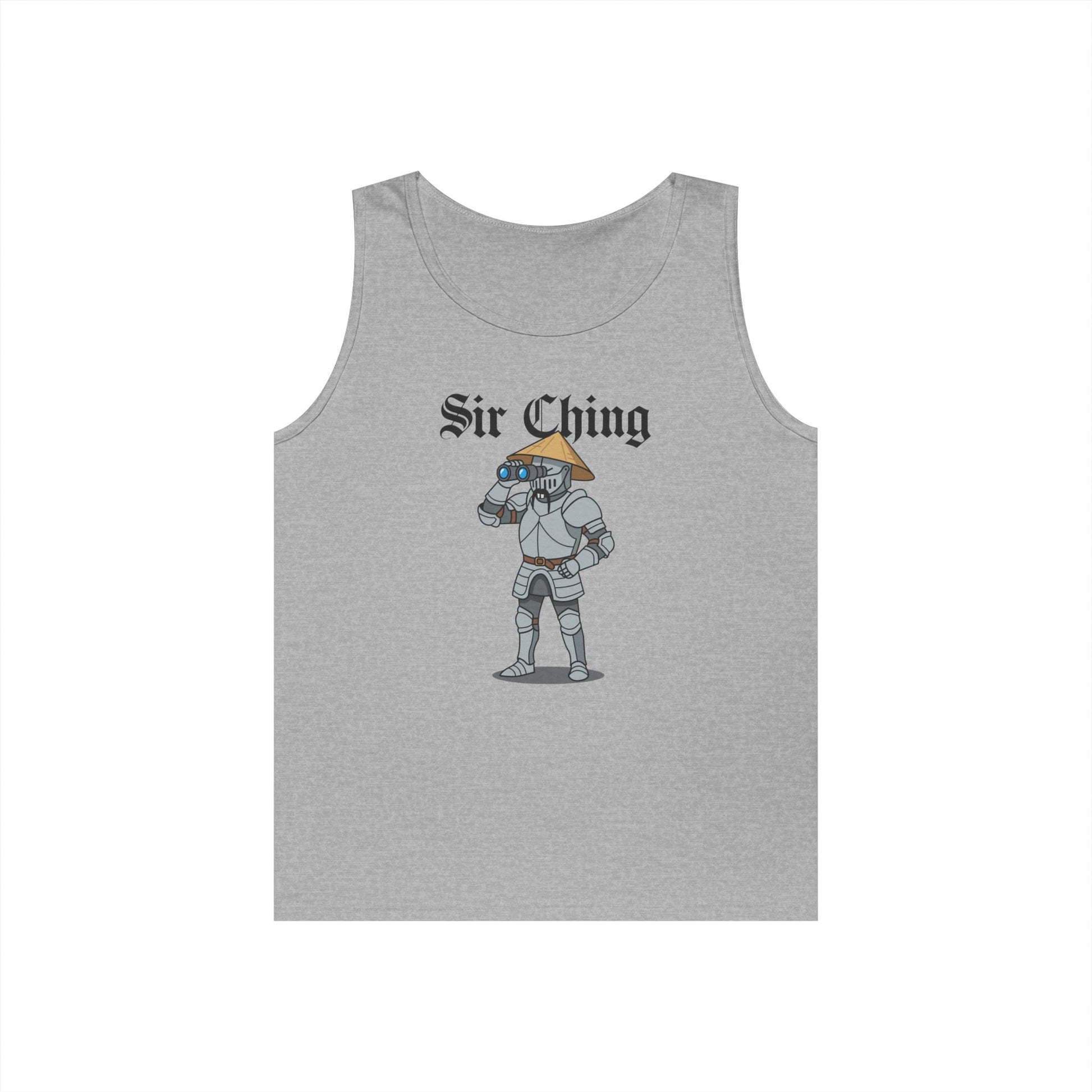 Sir Ching funny knight graphic tank top showing a goofy Asian-inspired medieval knight in shining armor searching with binoculars, wearing a cone hat and buck teeth.