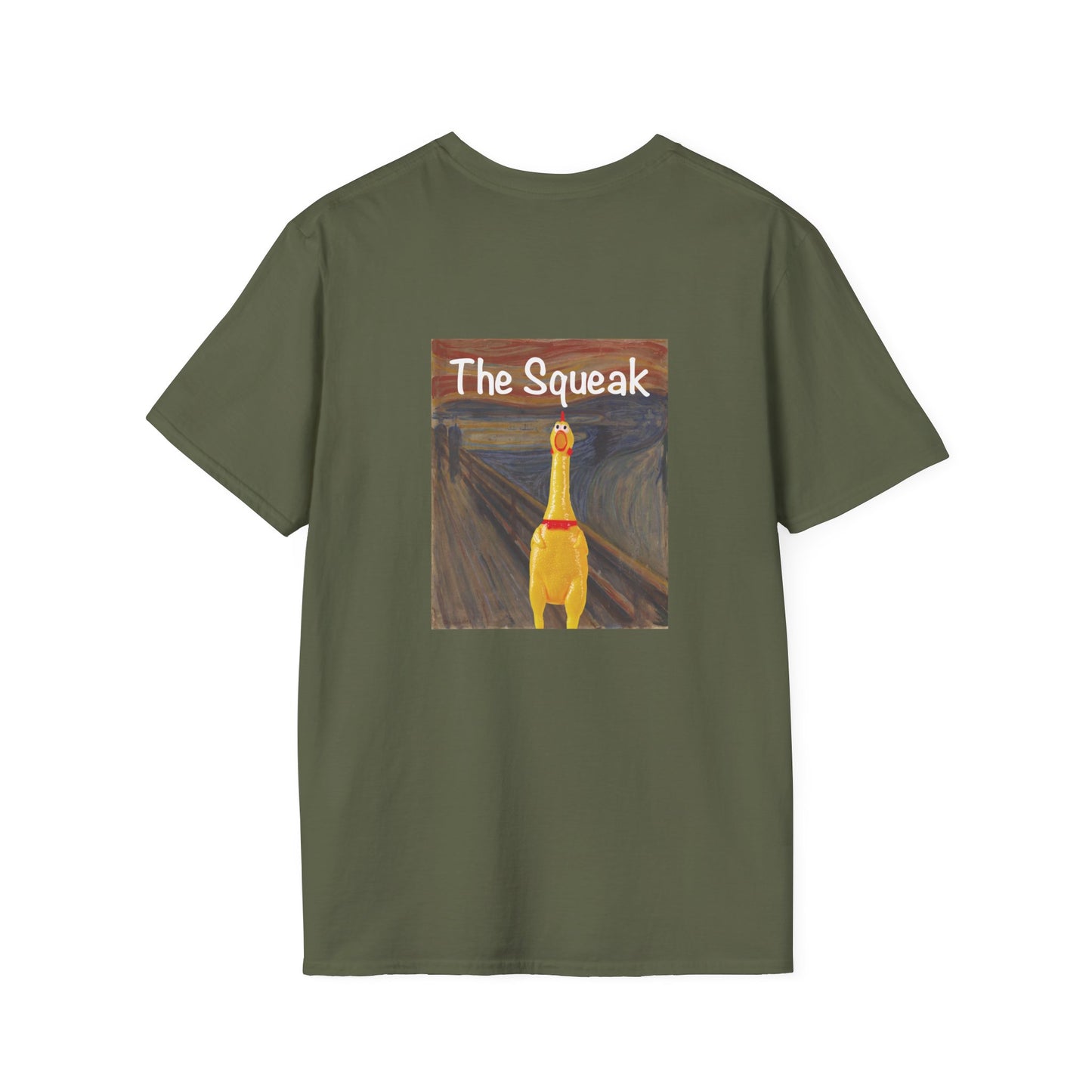 Parody of The Scream painting featuring a squeaky rubber chicken in place of the screaming figure on a t-shirt design.