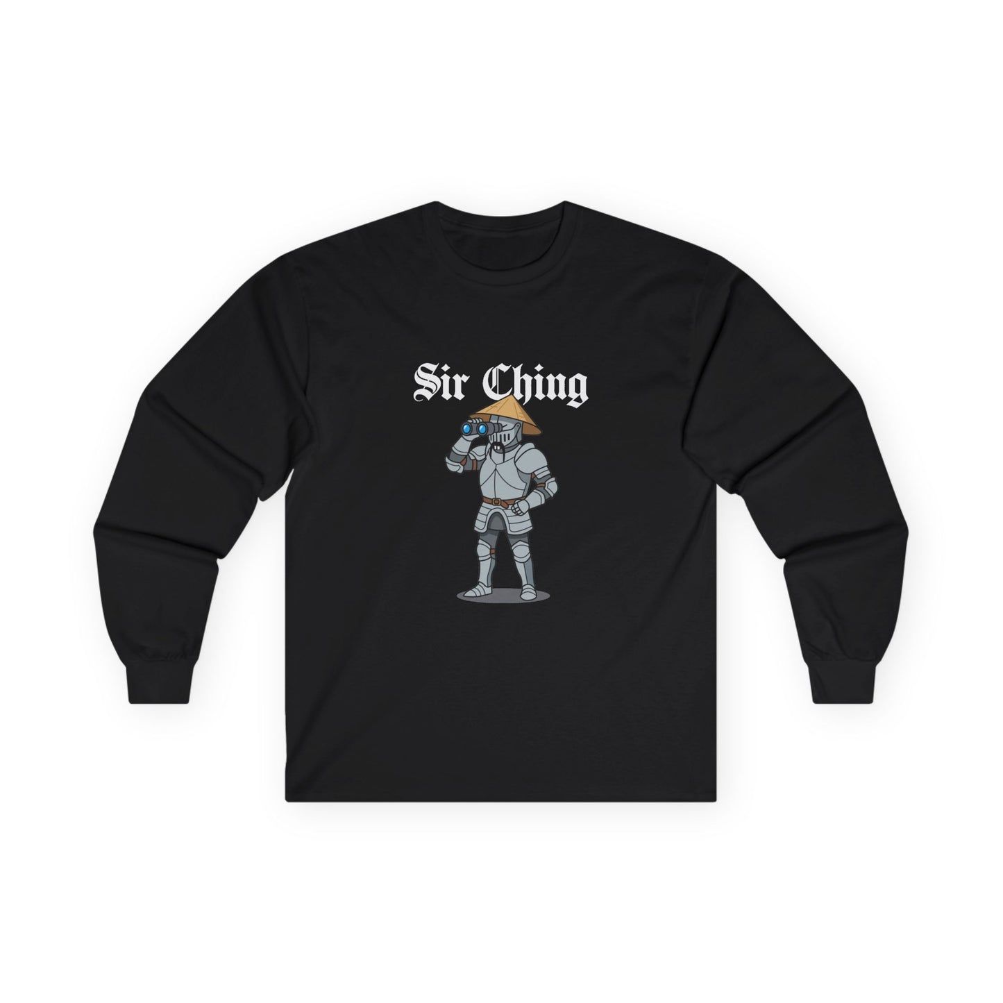 Sir Ching funny knight graphic shirt showing a goofy Asian-inspired medieval knight in shining armor searching with binoculars, wearing a cone hat and buck teeth.