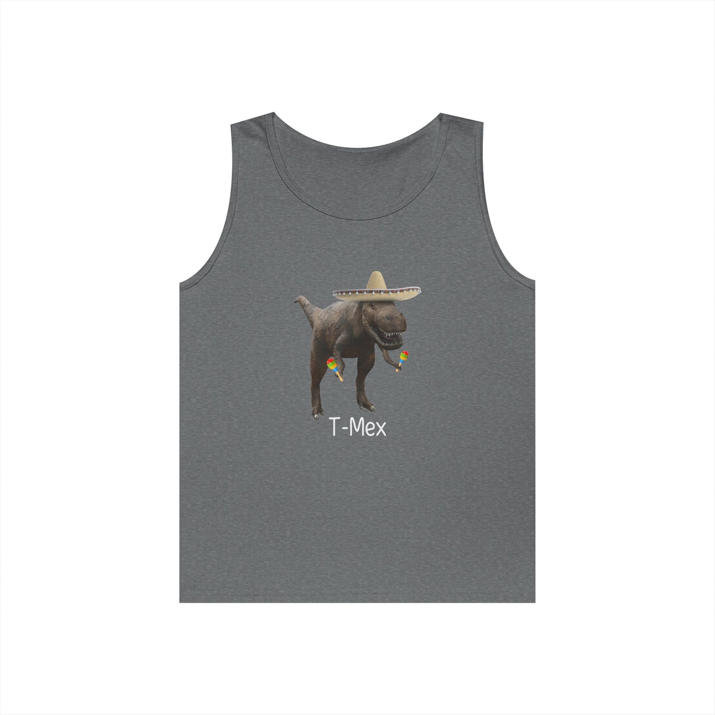 Sleeveless tank top with a T-Mex graphic, showing a cartoon dinosaur in a sombrero celebrating with maracas.