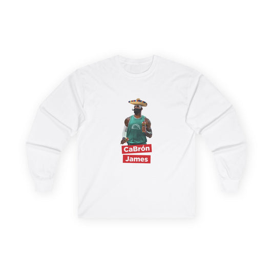 CaBron James parody artwork showing LeBron James wearing a sombrero, large mustache, holding maracas, and wearing a taco jersey on a long sleeve shirt.
