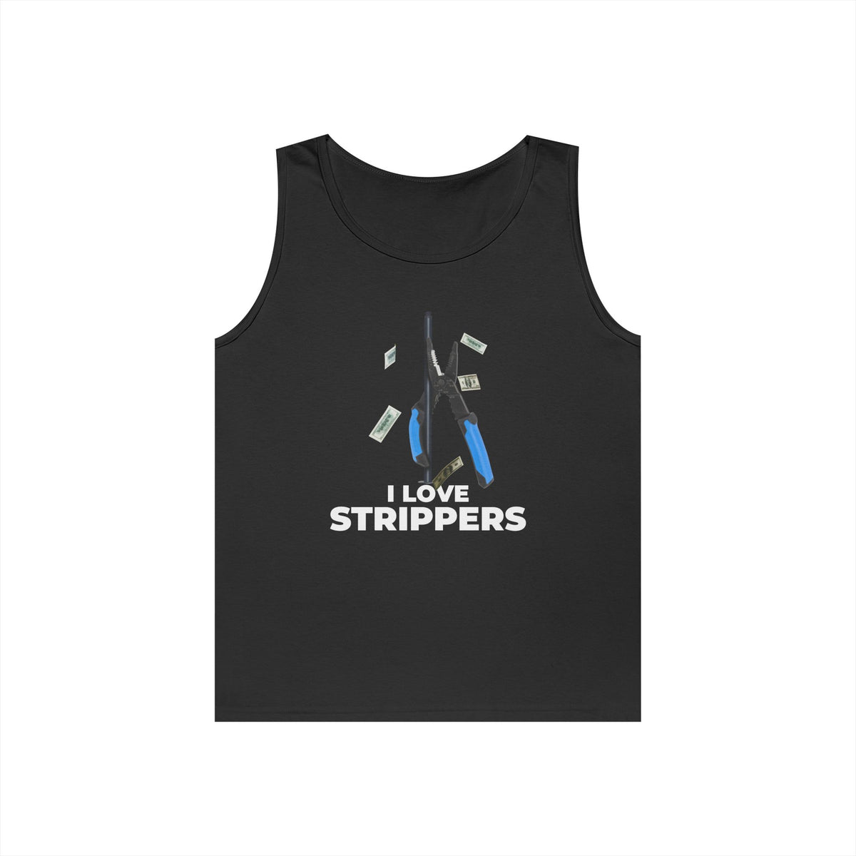 I Love Strippers tank top featuring a wire stripper dancing on a pole with flying dollar bills, funny electrician pun graphic.