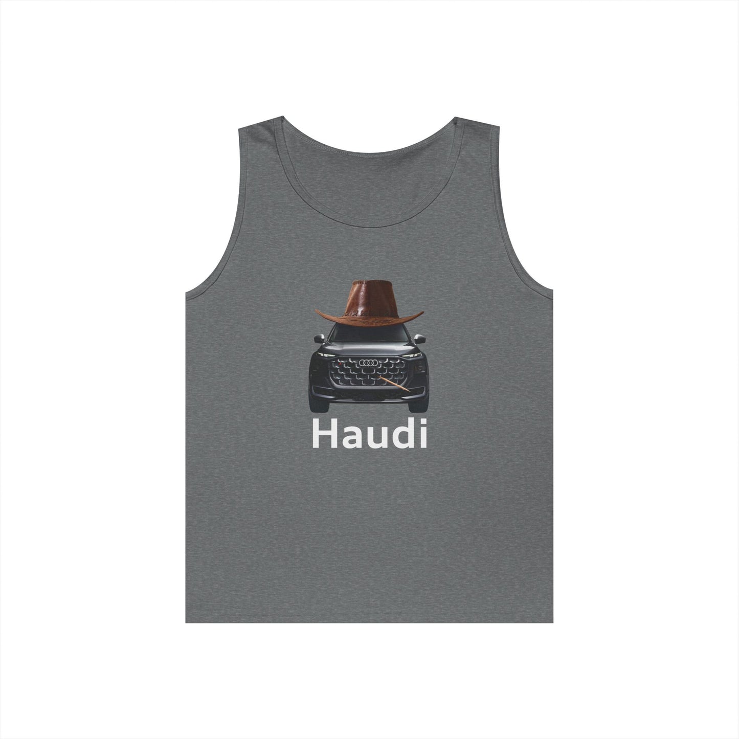 Haudi funny car tank top featuring an Audi wearing a cowboy hat and toothpick
