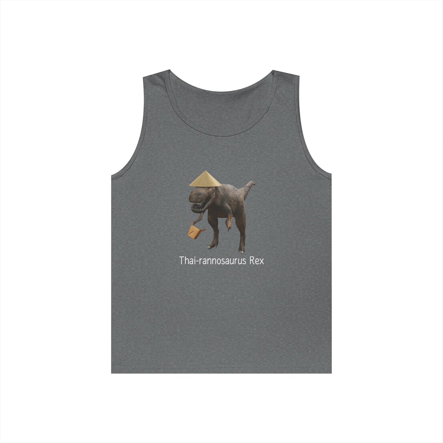 t rex with rice hat holding takeout box chopsticks funny thai rannosaurus rex tank top