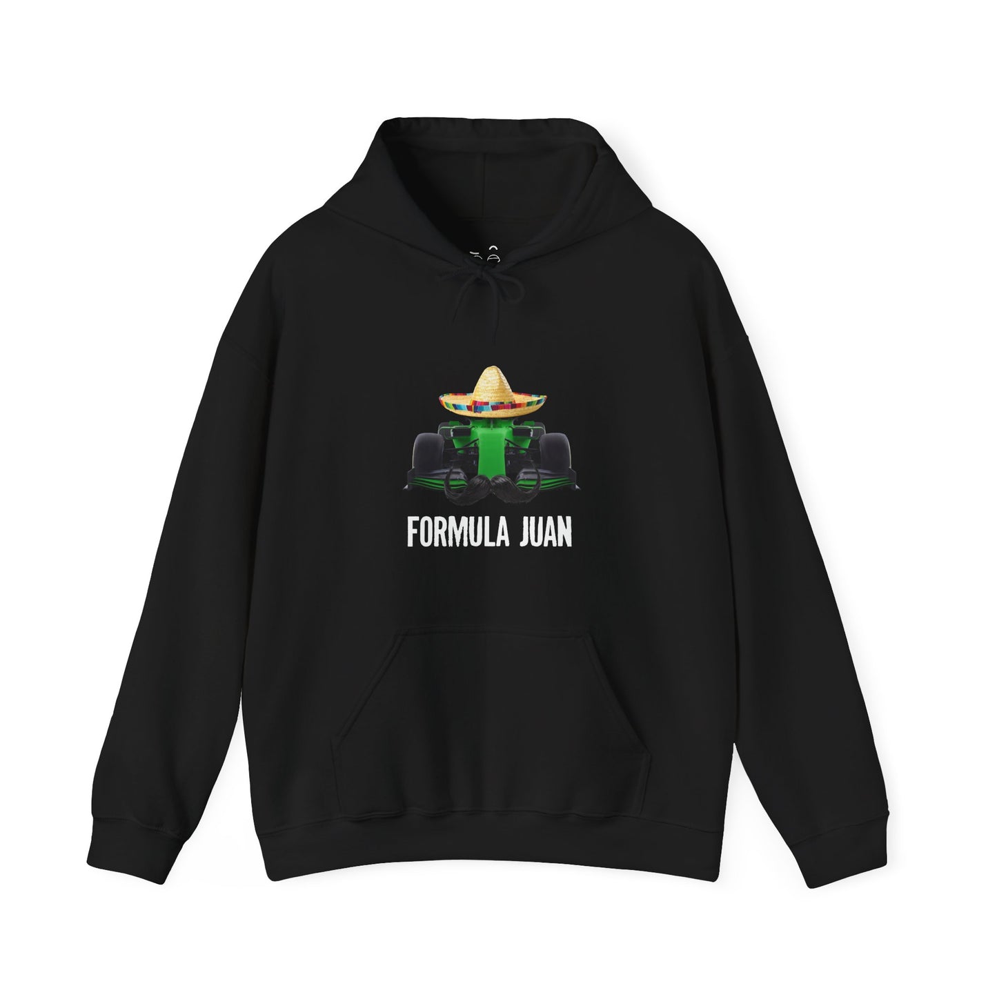 Formula Juan racing hoodie featuring a green race car with sombrero and mustache