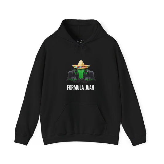 Formula Juan racing hoodie featuring a green race car with sombrero and mustache
