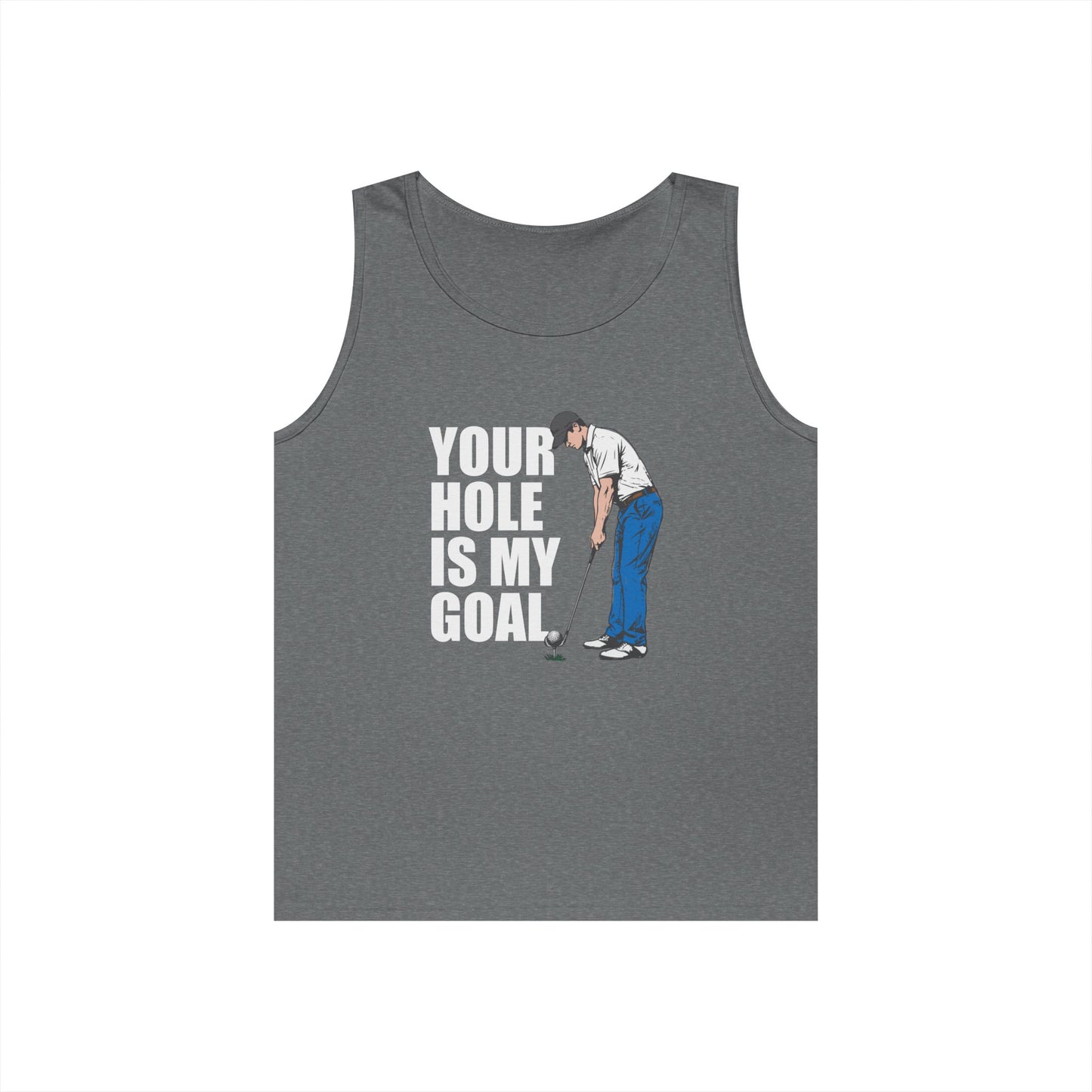 Funny golf design featuring a golfer with a golf club and ball on the pin, with the text “Your Hole Is My Goal.”