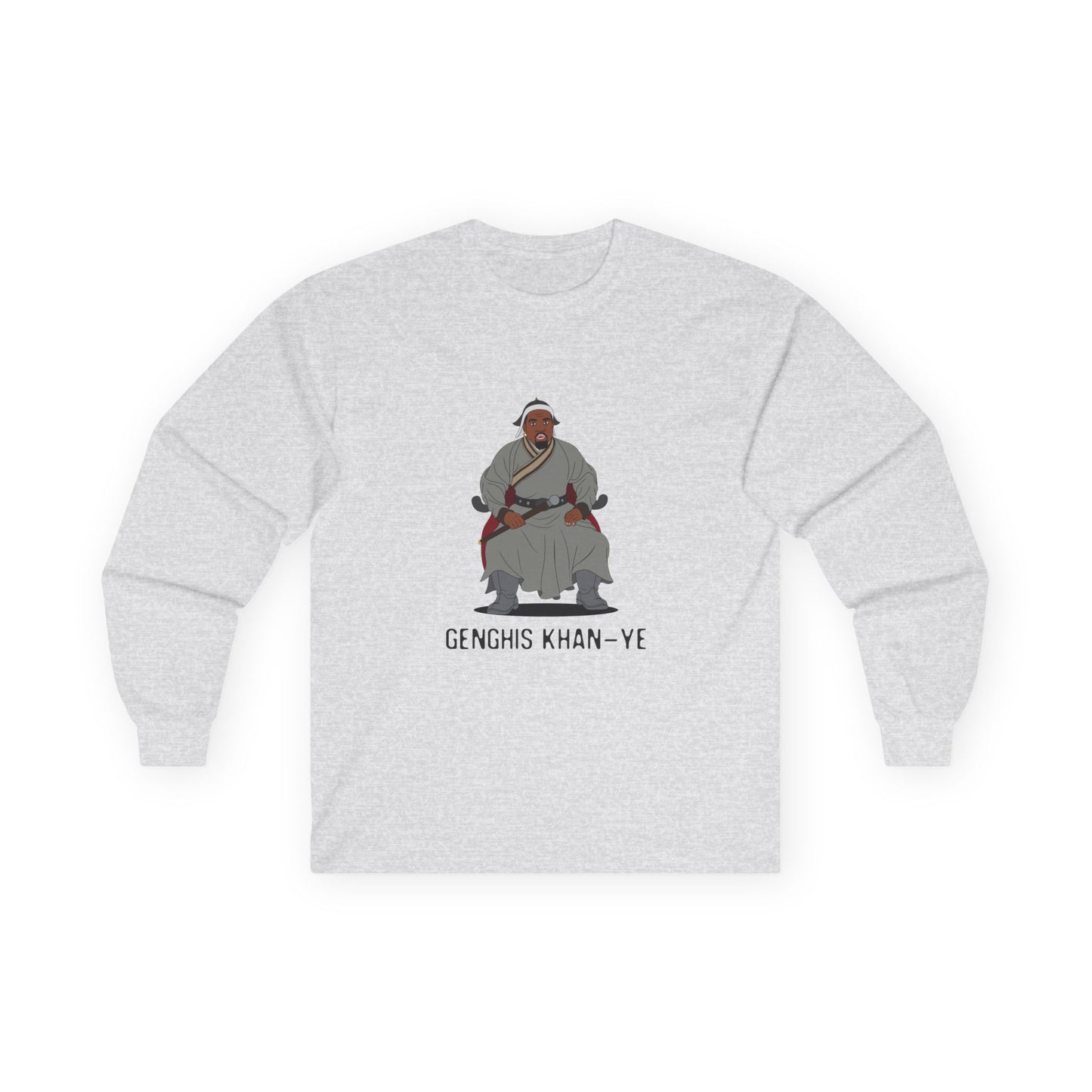 Genghis Khan Ye: Parody long sleeve shirt illustration of Ye dressed as Genghis Khan in Mongolian armor. Funny hip hop culture pun.