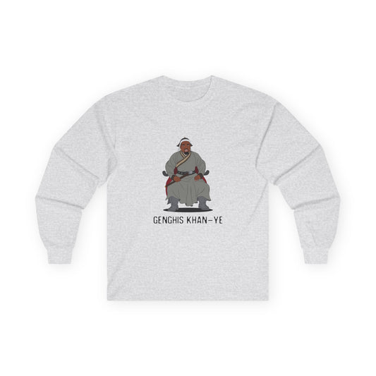 Genghis Khan Ye: Parody long sleeve shirt illustration of Ye dressed as Genghis Khan in Mongolian armor. Funny hip hop culture pun.