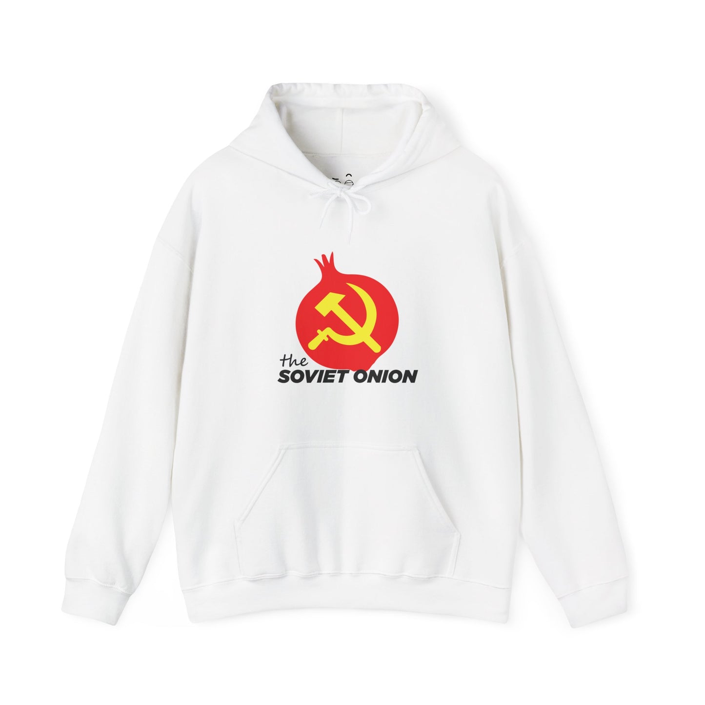 The Soviet Onion parody hoodie featuring a red vector-style onion with Soviet-inspired symbol design