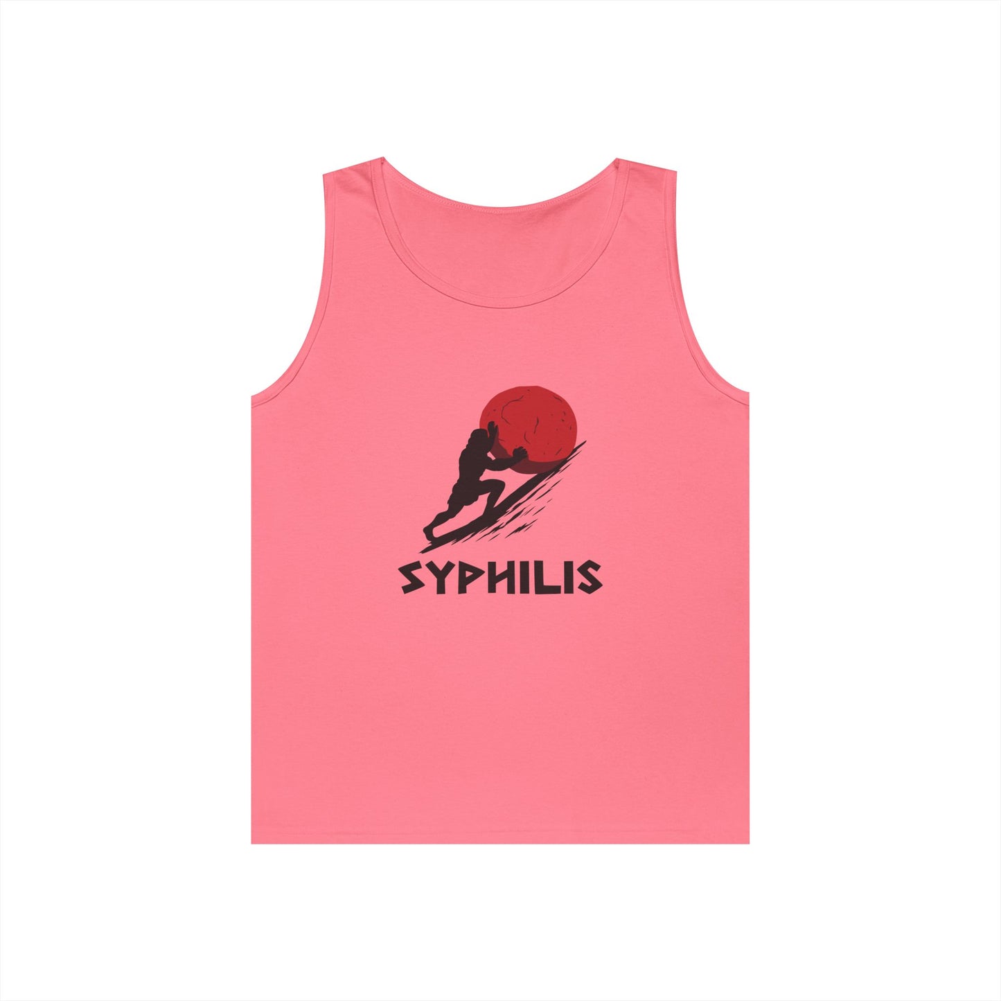 sisyphus pushing red sore syphilis pun funny tank top design