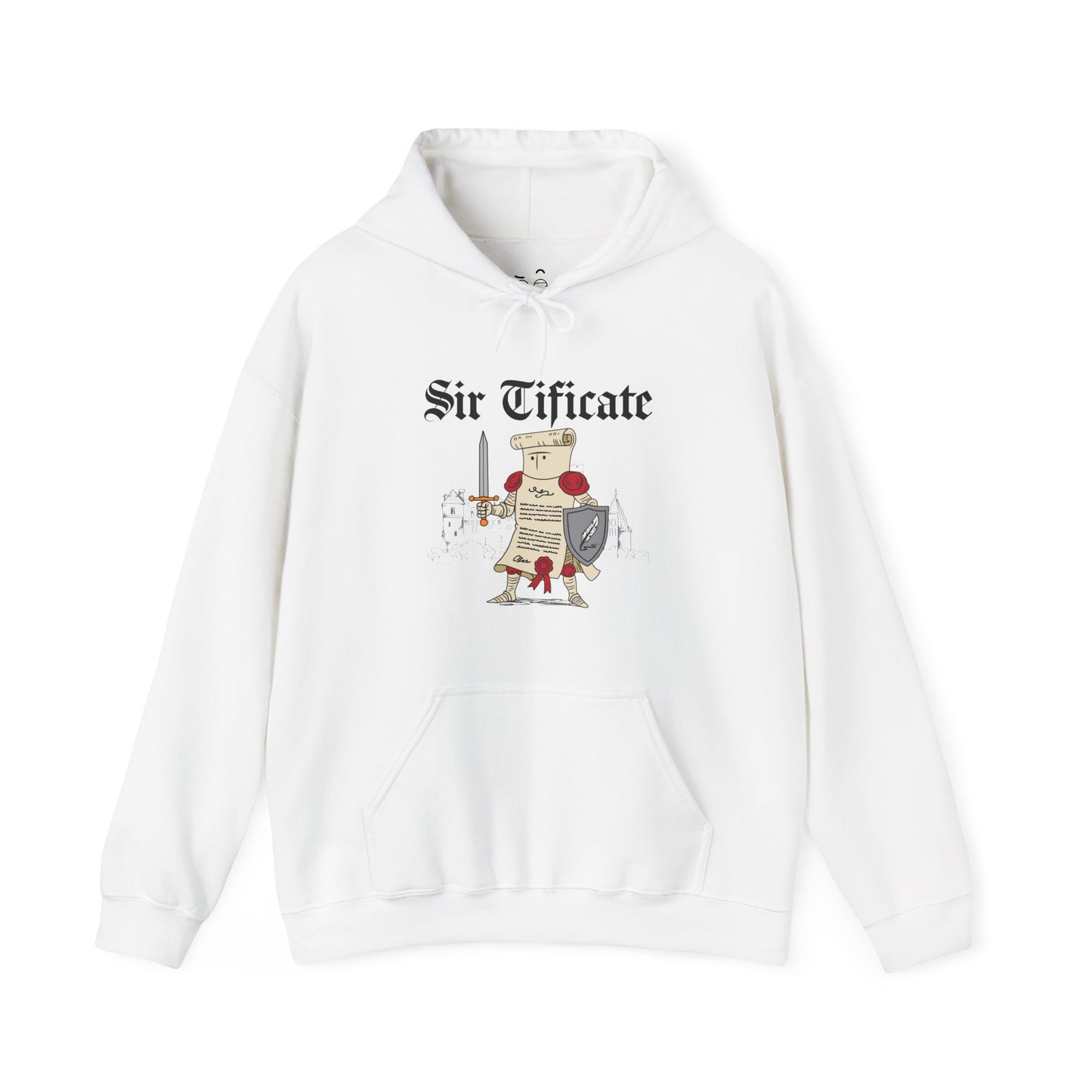 Sir Tificate hoodie design featuring a certificate dressed as a medieval knight