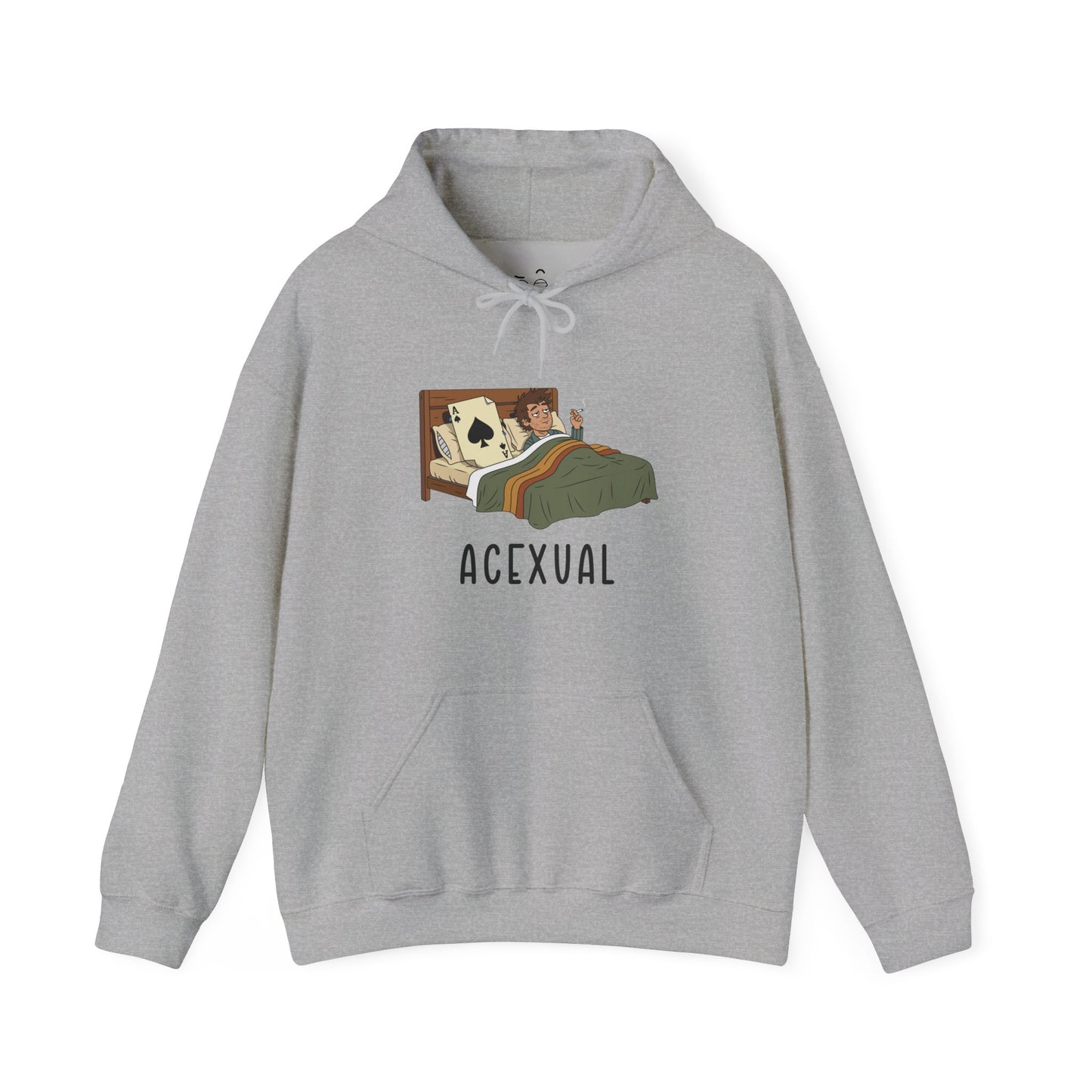 Funny Acexual hoodie design showing a man lying in bed next to an Ace playing card in a humorous asexual pun illustration.