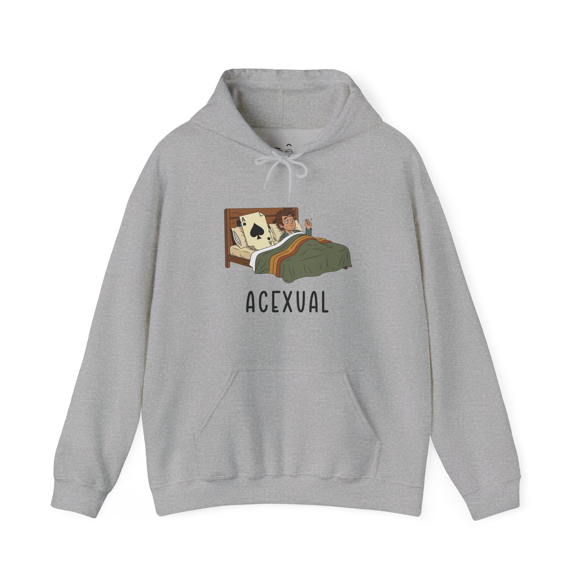 Funny Acexual hoodie design showing a man lying in bed next to an Ace playing card in a humorous asexual pun illustration.
