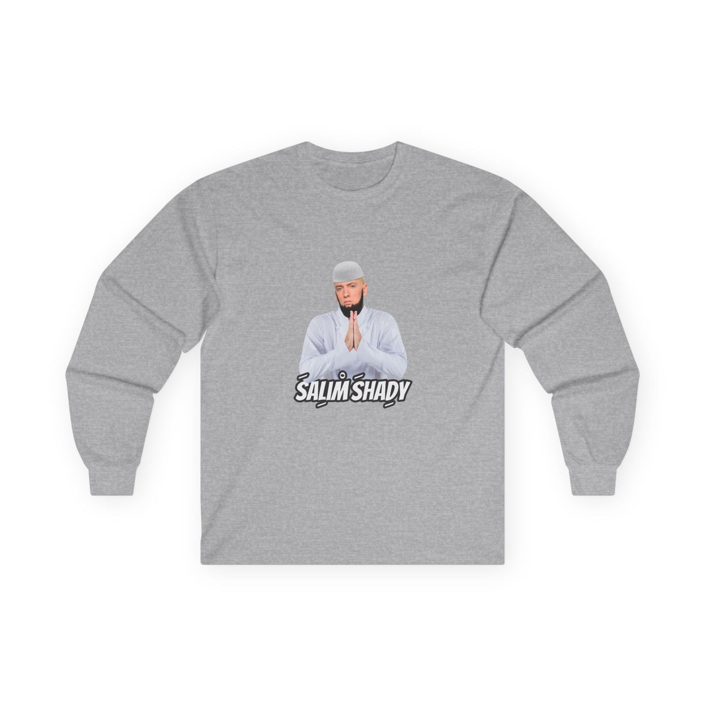 Funny Salim Shady parody long sleeve t-shirt design featuring a Slim Shady style character with an Islamic beard wearing traditional Muslim thobe attire, humorous hip-hop pun graphic.