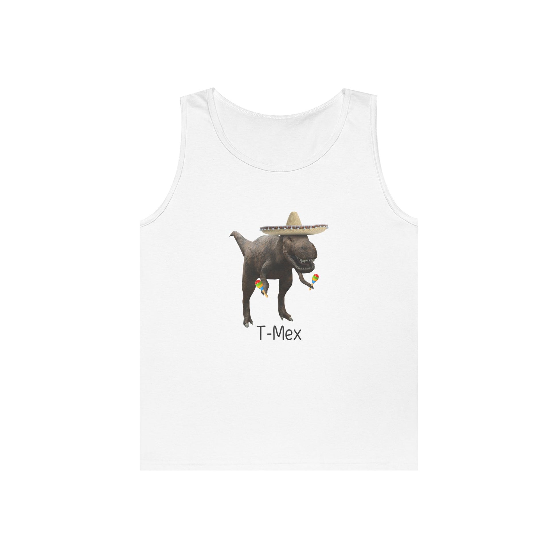 Sleeveless tank top with a T-Mex graphic, showing a cartoon dinosaur in a sombrero celebrating with maracas.