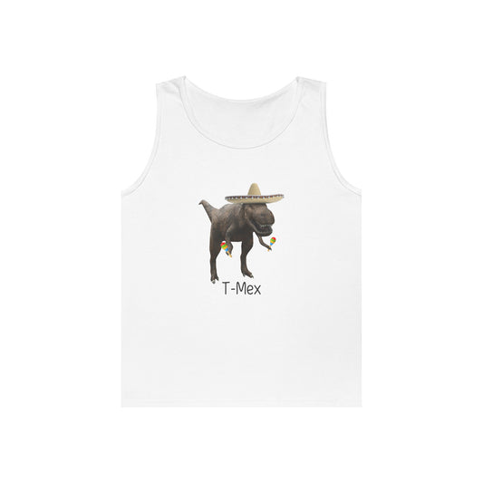 Sleeveless tank top with a T-Mex graphic, showing a cartoon dinosaur in a sombrero celebrating with maracas.
