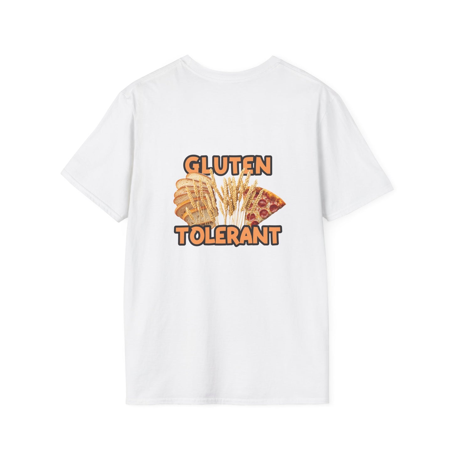 Gluten Tolerant t-shirt featuring wheat, bread, and pizza illustration