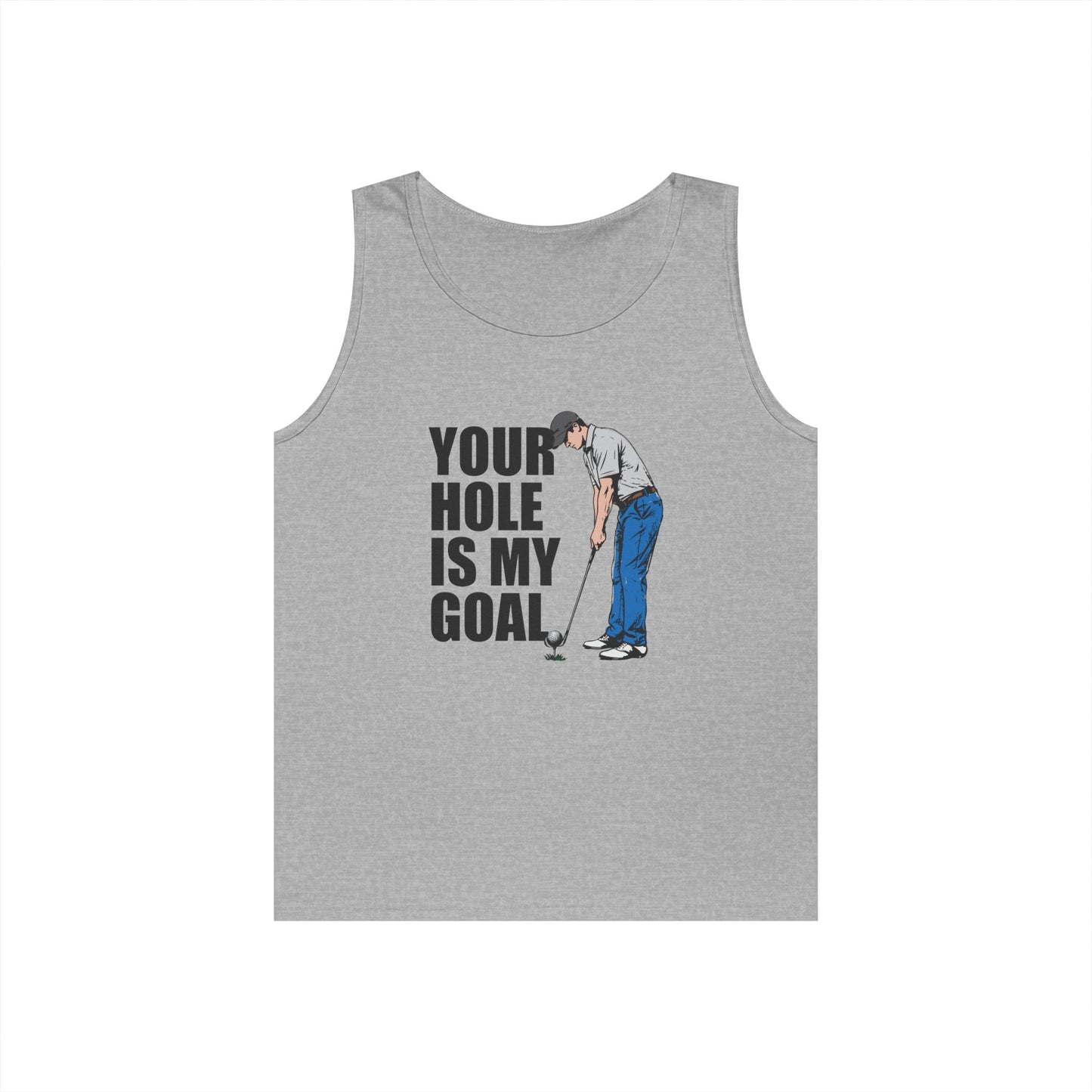 Funny golf design featuring a golfer with a golf club and ball on the pin, with the text “Your Hole Is My Goal.”