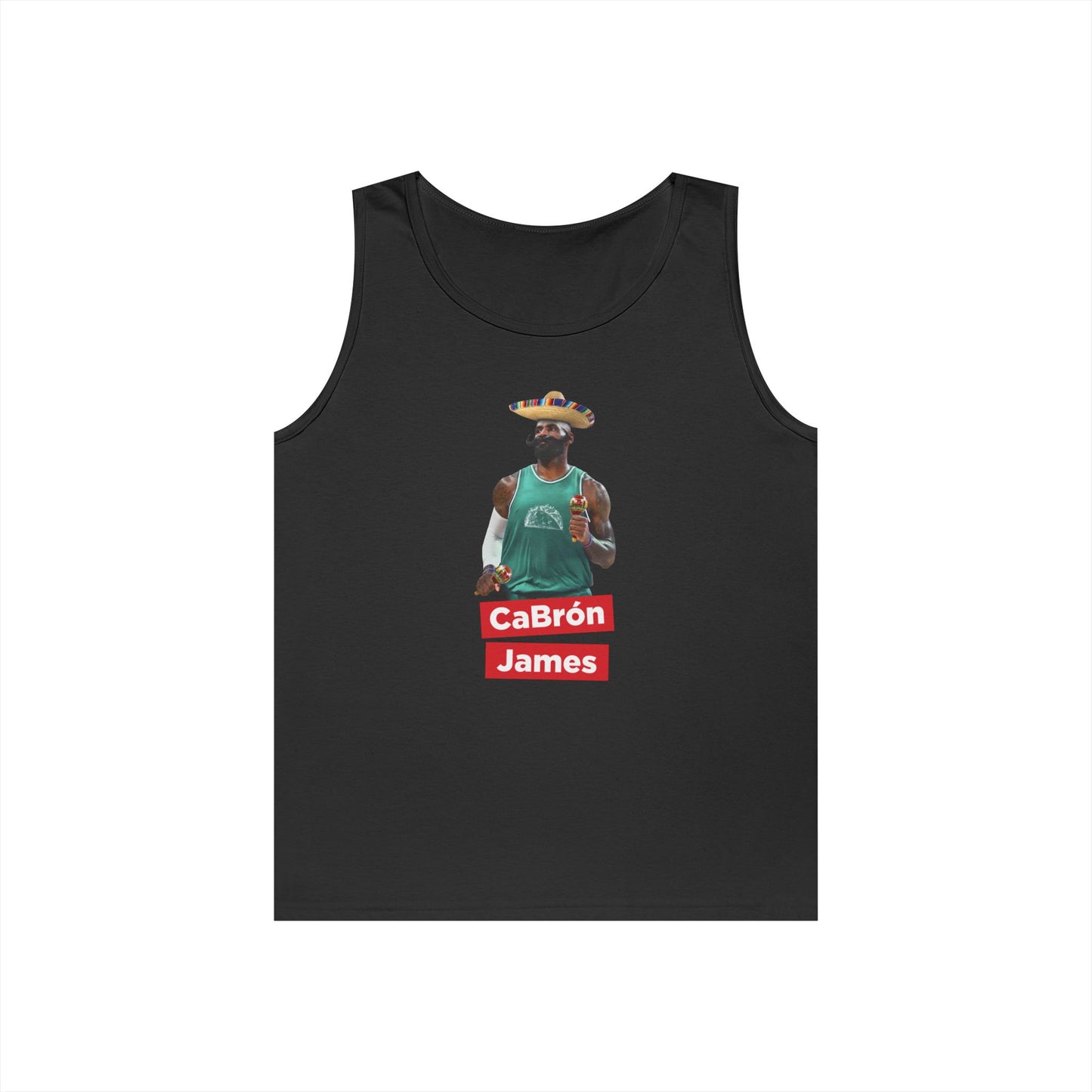 CaBron James graphic featuring LeBron James with a sombrero, oversized mustache, maracas, and taco basketball jersey printed on a tank top.