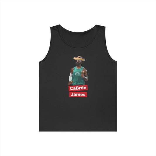 CaBron James graphic featuring LeBron James with a sombrero, oversized mustache, maracas, and taco basketball jersey printed on a tank top.