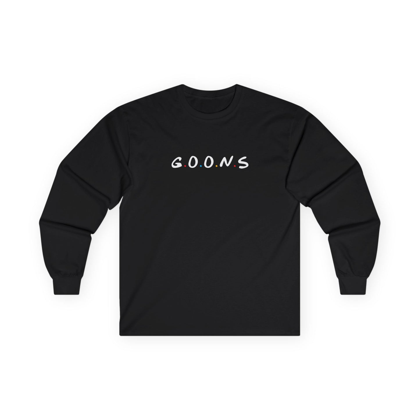 Goons long sleeve shirt design featuring the logo of friends comedy sitcom, humorous parody apparel