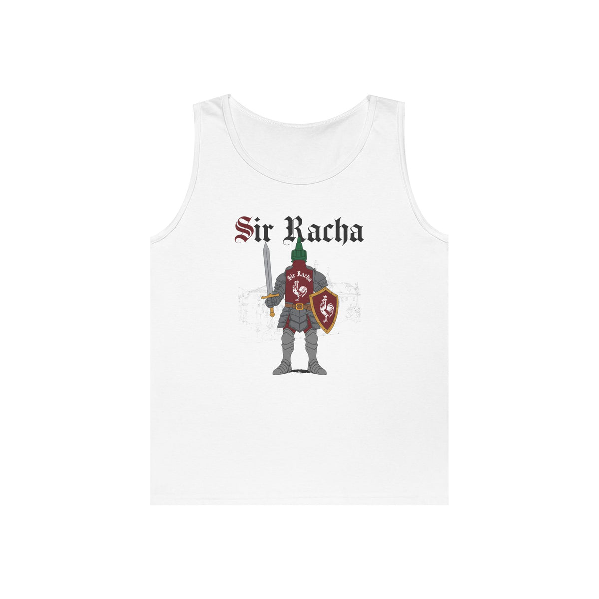 Sir Racha funny sriracha bottle in medieval knight armor tank top