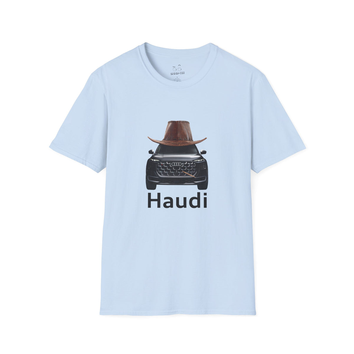 Haudi funny car shirt featuring an Audi with a cowboy hat and toothpick