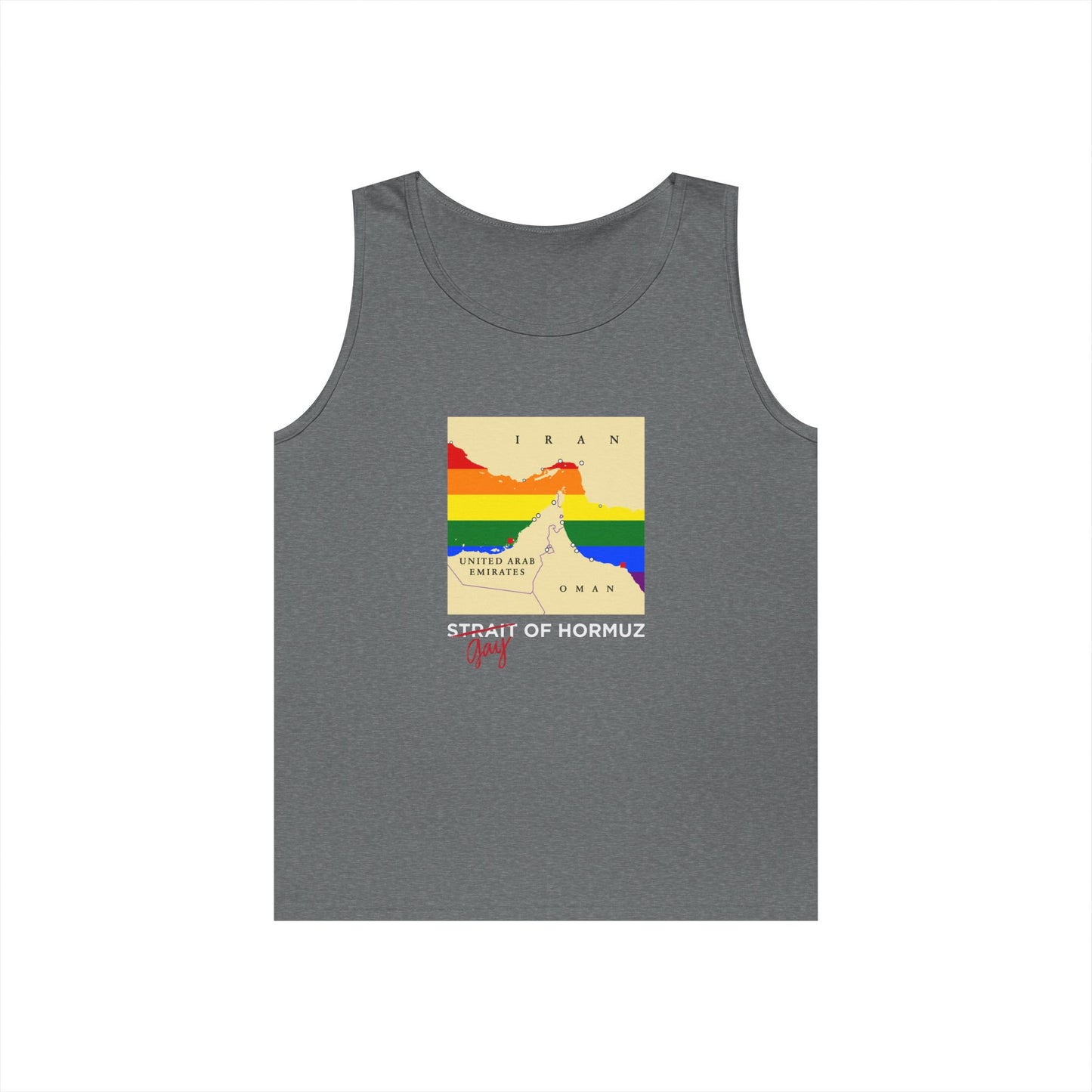 strait of hormuz map parody rainbow flag water gay of hormuz iran tank top design