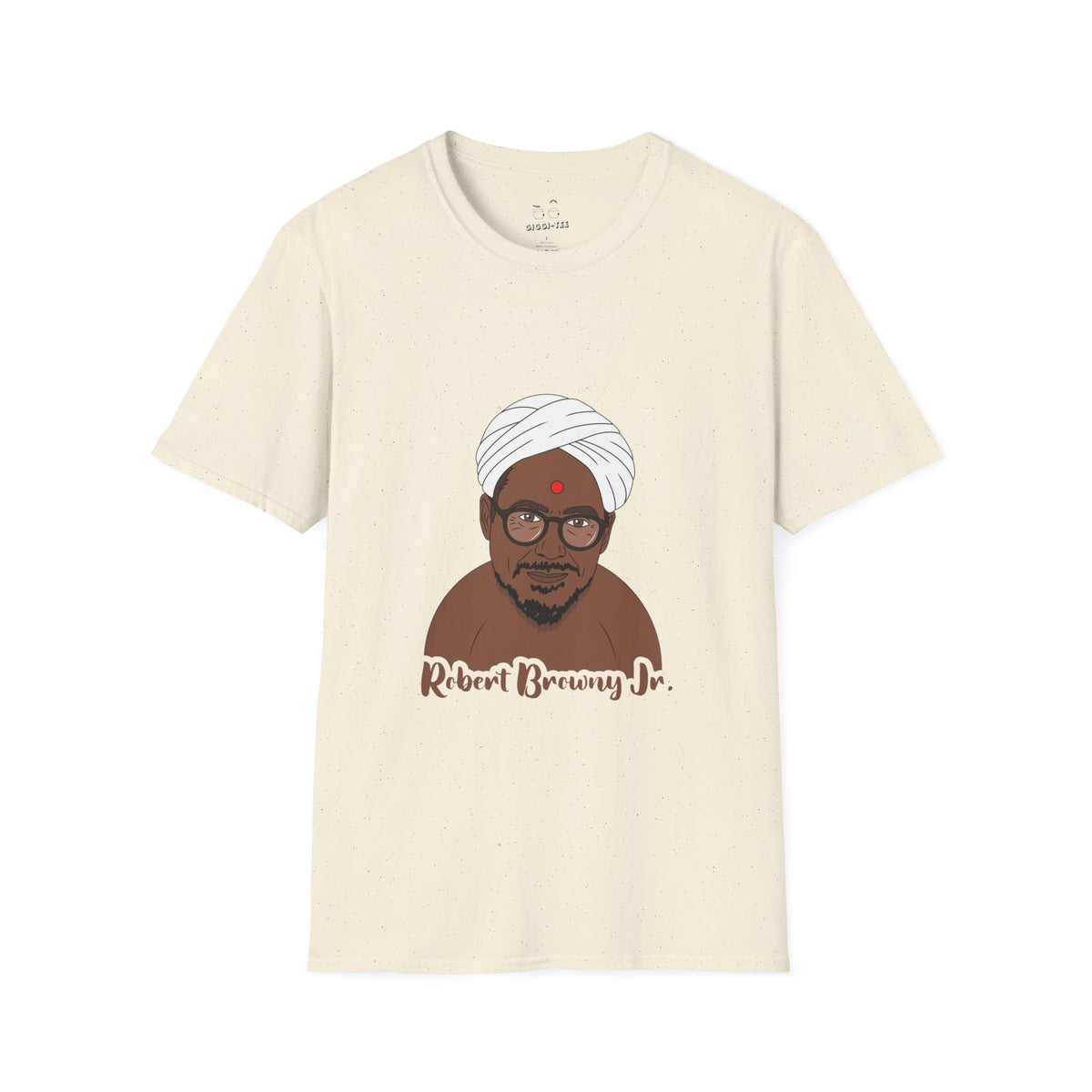 Parody shirt design featuring a comic illustration of Robert Downey Jr. as an Indian man wearing a white turban and bindi, with the text 'Robert Browny Jr.' underneath.