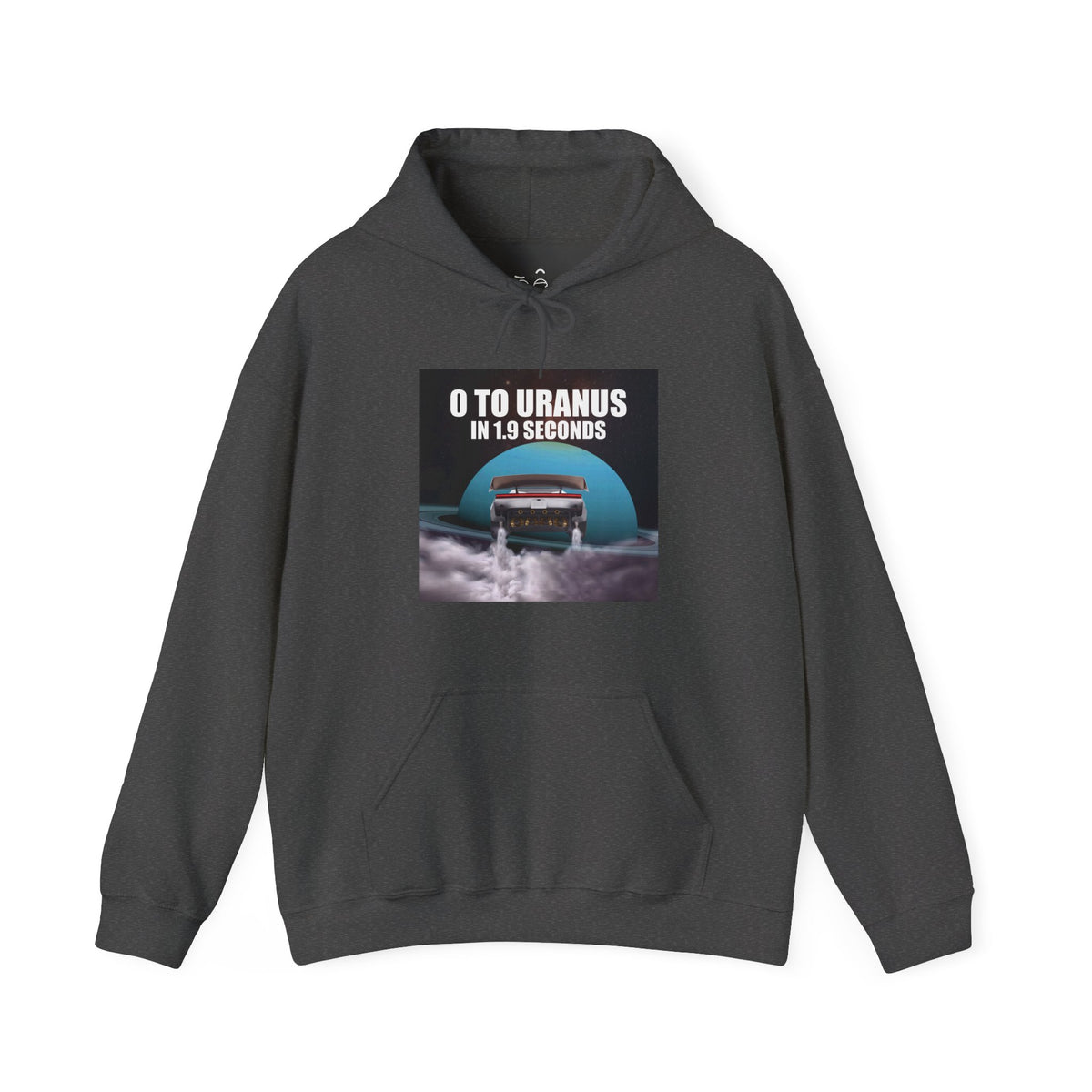Funny Tesla Roadster meme graphic featuring a futuristic electric sports car racing toward Uranus with the text “0 to Uranus in 1.9 Seconds,” parodying Tesla's acceleration claim with a cheeky space pun.