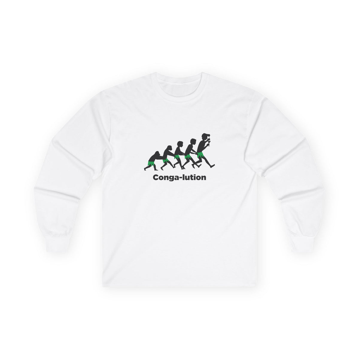 Long sleeve shirt showing the "Evolution of Man" silhouettes, but the characters are wearing banana leaves and dancing in a conga line.