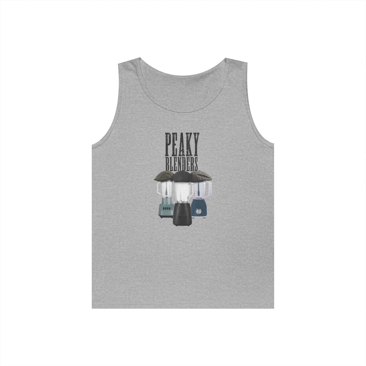 Funny Peaky Blenders design featuring three blenders styled as gangster characters in flat caps with a minimalist parody crime drama aesthetic.
