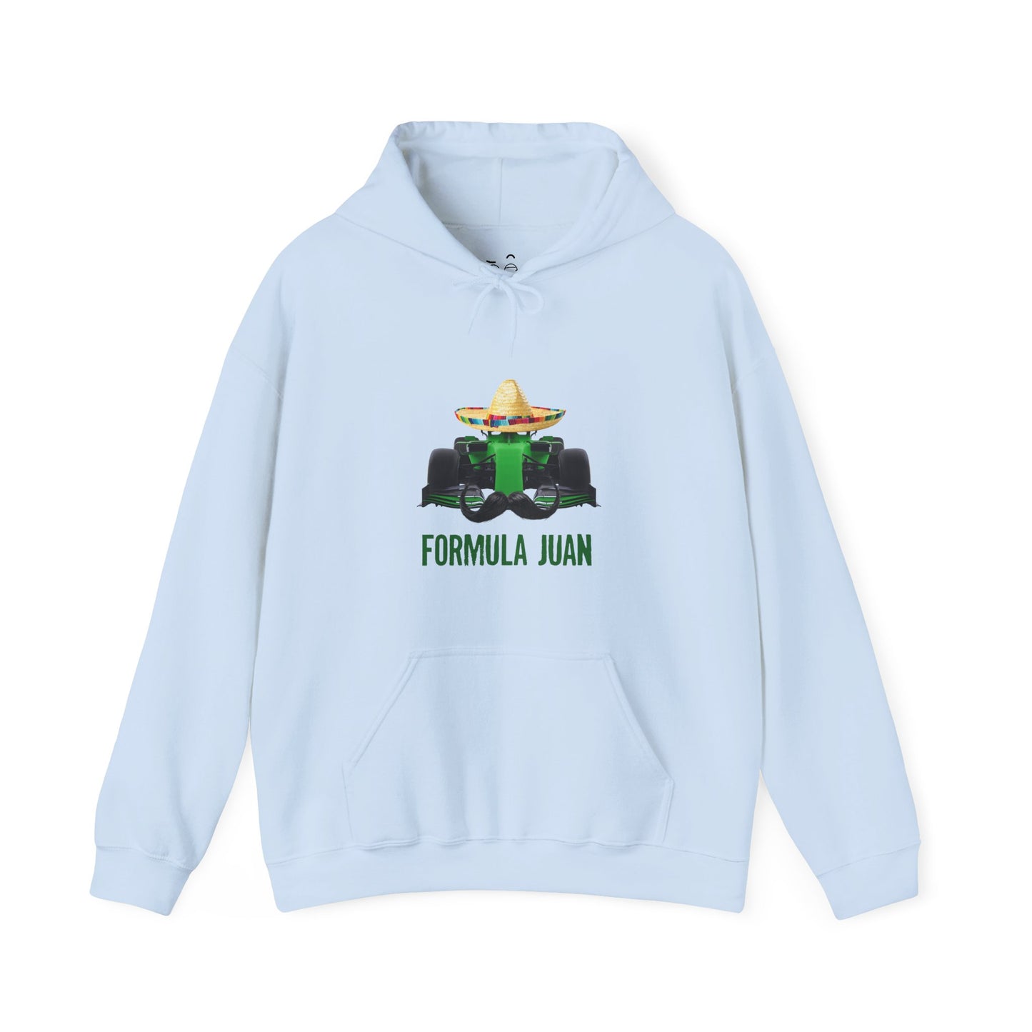 Formula Juan racing hoodie featuring a green race car with sombrero and mustache