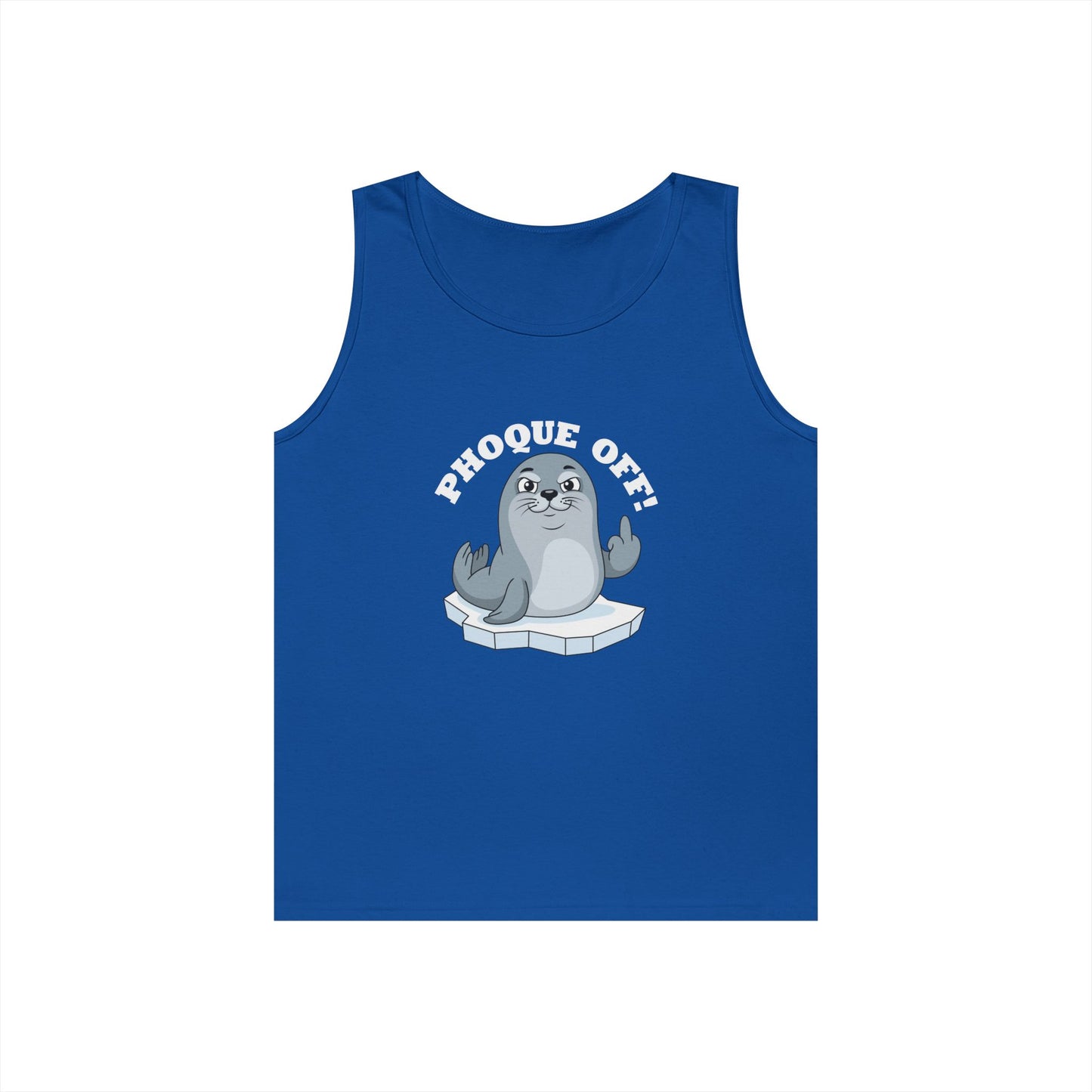 A seal giving the middle finger with the words "Phoque Off" on a funny pun tank top design featuring French wordplay.