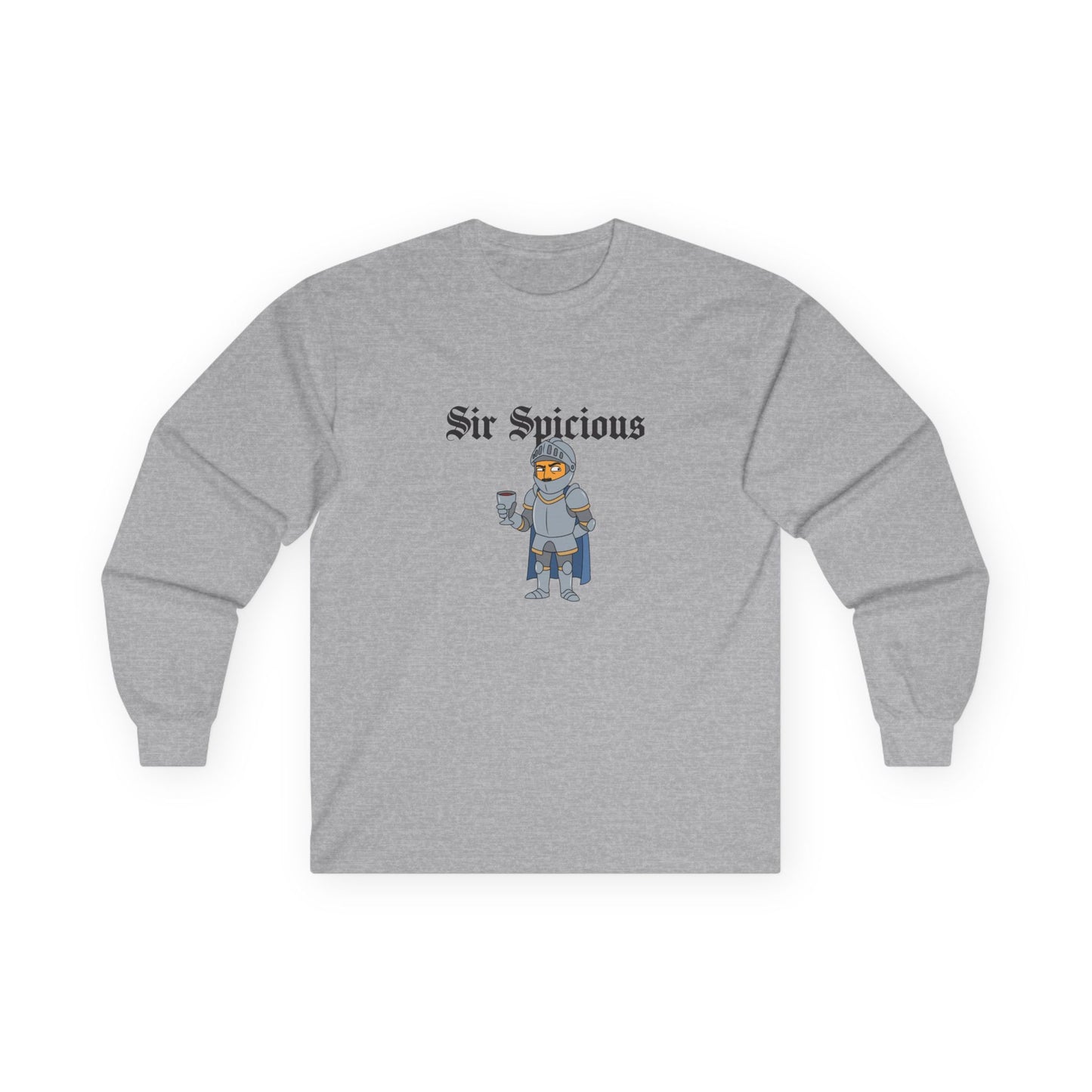 Sir Spicious funny suspicious knight graphic on a white long sleeve shirt