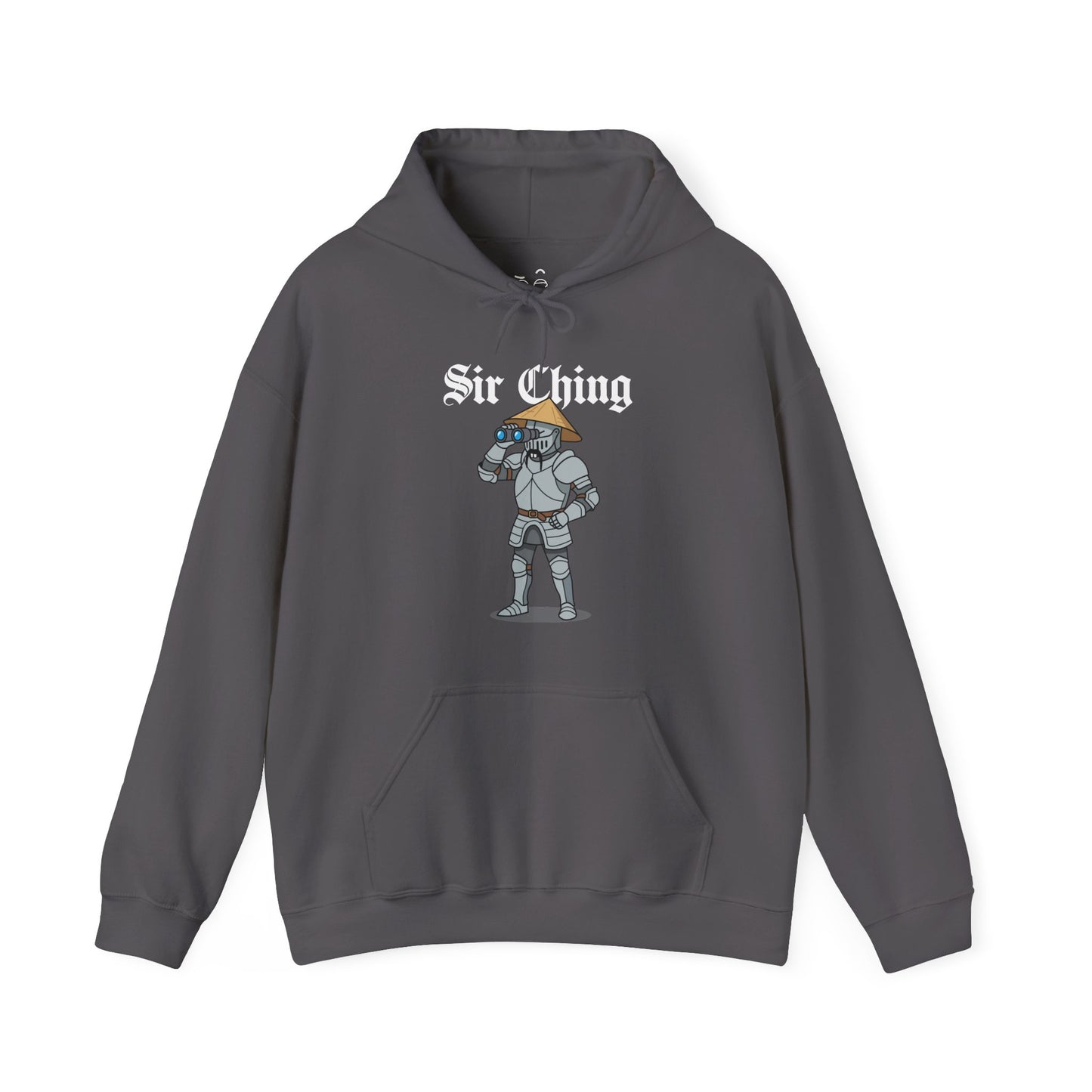 Sir Ching funny knight graphic hoodie showing a goofy Asian-inspired medieval knight in shining armor searching with binoculars, wearing a cone hat and buck teeth.