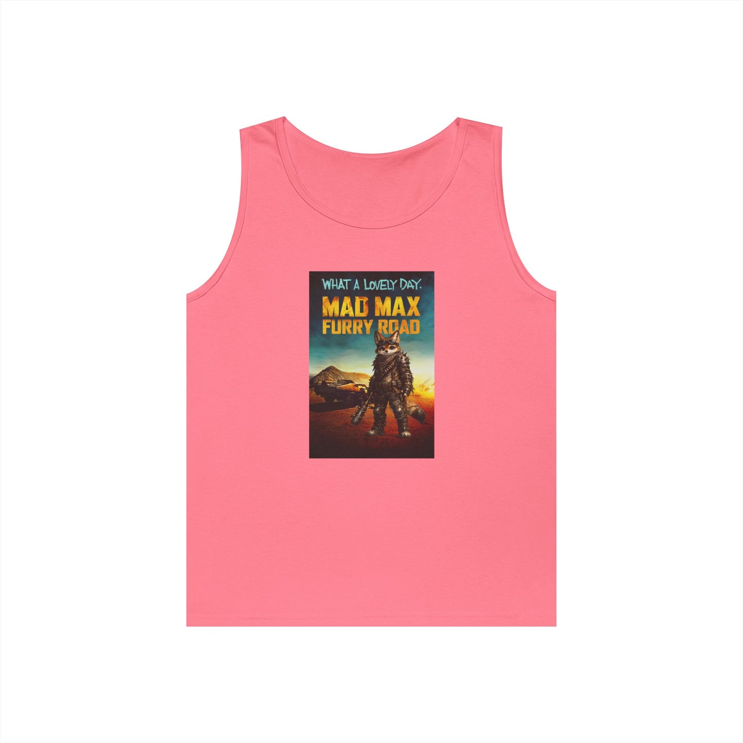 Mad Max Furry Road tank top design featuring a furry character in a funny post-apocalyptic parody poster.