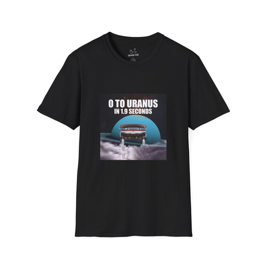Funny Tesla Roadster meme graphic featuring a futuristic electric sports car racing toward Uranus with the text “0 to Uranus in 1.9 Seconds,” parodying Tesla's acceleration claim with a cheeky space pun.