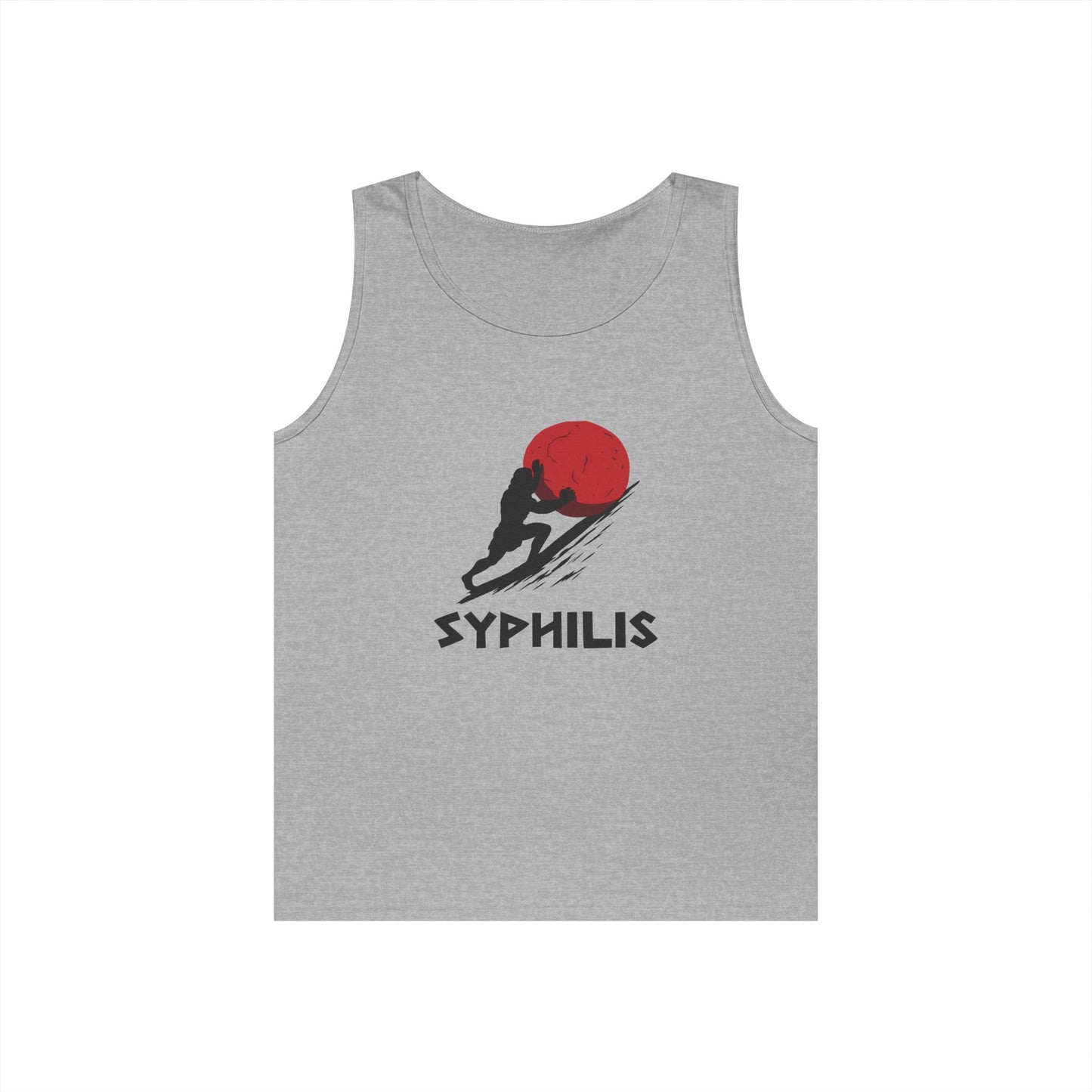 sisyphus pushing red sore syphilis pun funny tank top design