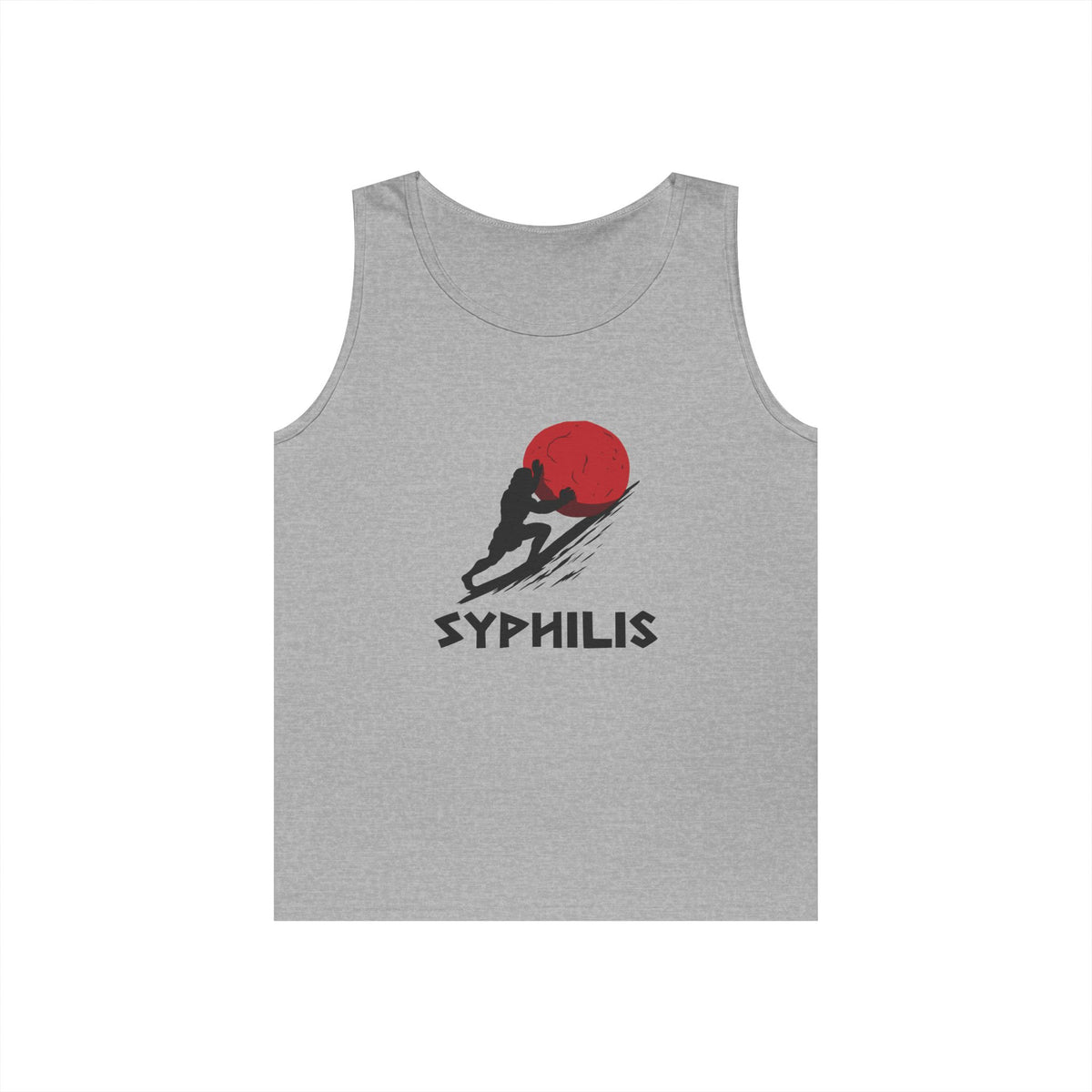 sisyphus pushing red sore syphilis pun funny tank top design