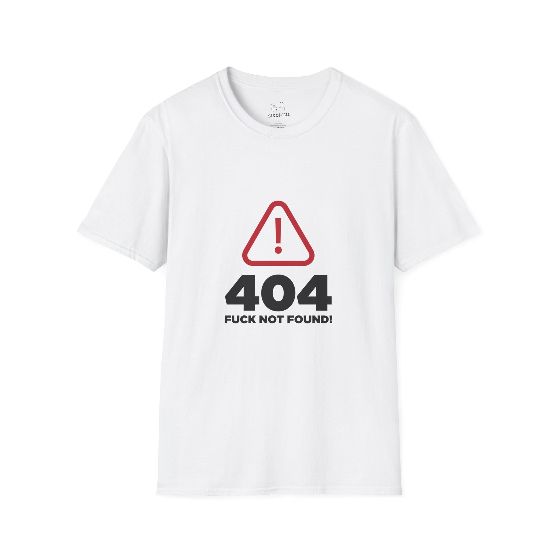 T-shirt with a digital "404 Error" window graphic stating "Error: No Fucks Found" in a computer system font.