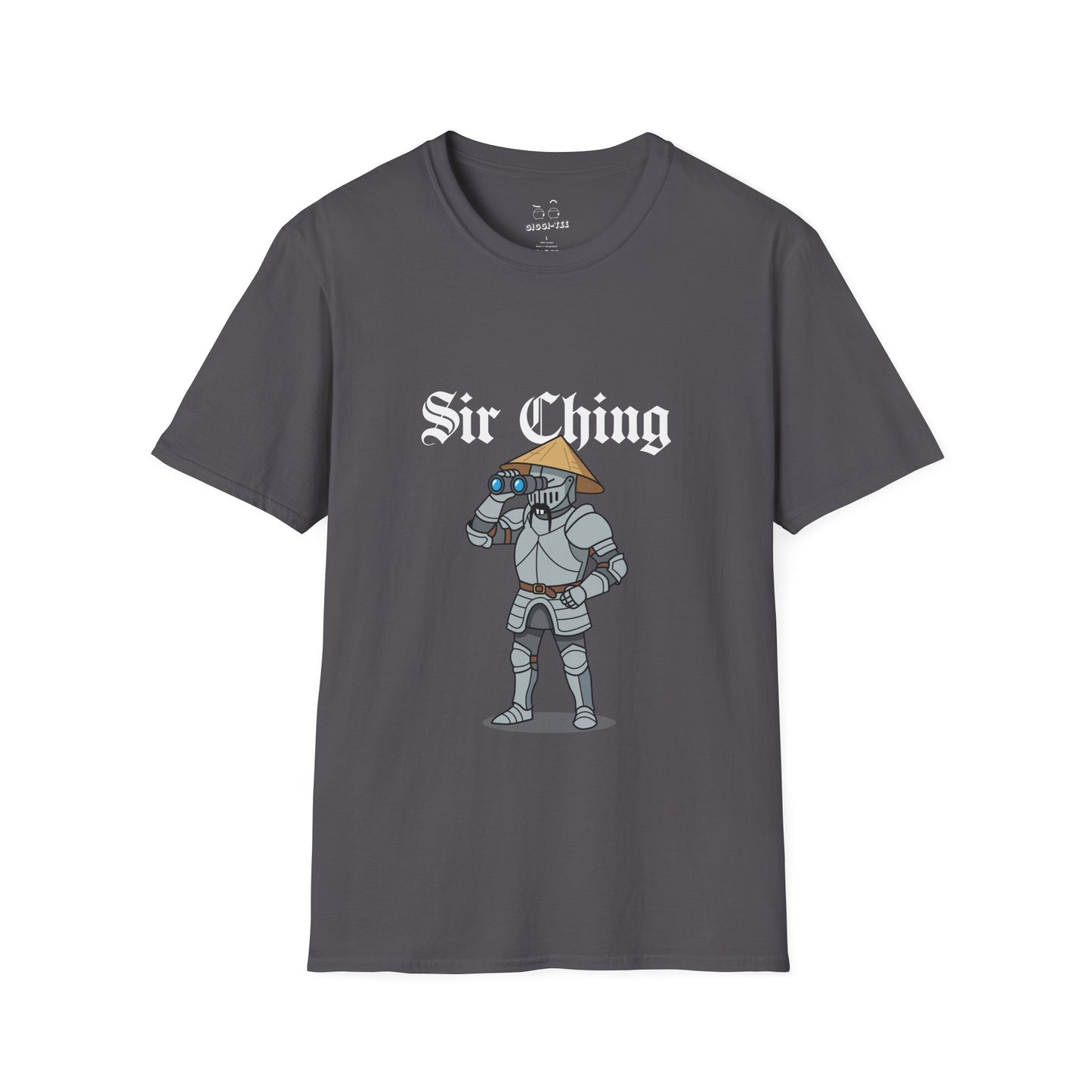 Sir Ching funny knight graphic shirt showing a goofy Asian-inspired medieval knight in shining armor searching with binoculars, wearing a cone hat and buck teeth.