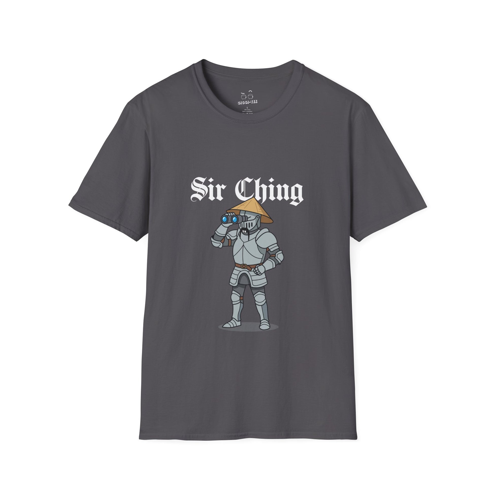 Sir Ching funny knight graphic shirt showing a goofy Asian-inspired medieval knight in shining armor searching with binoculars, wearing a cone hat and buck teeth.