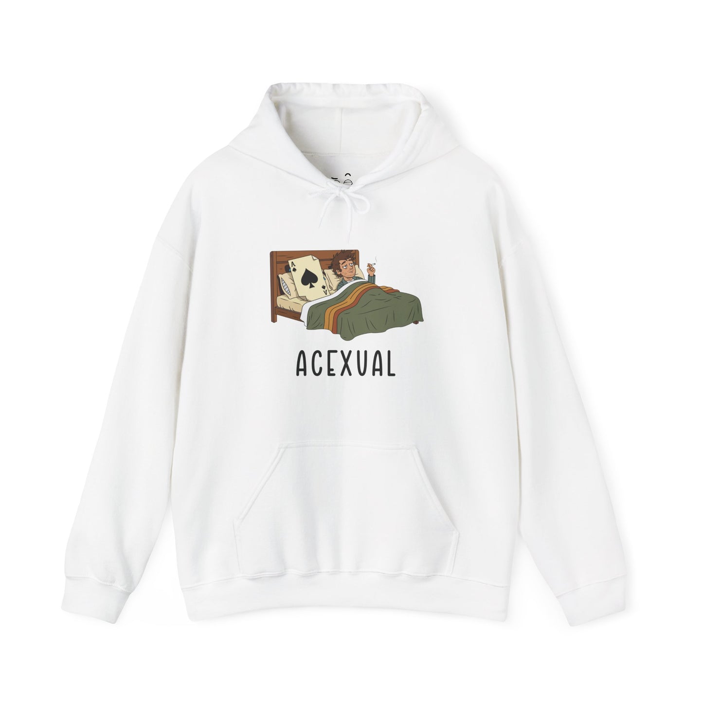 Funny Acexual hoodie design showing a man lying in bed next to an Ace playing card in a humorous asexual pun illustration.