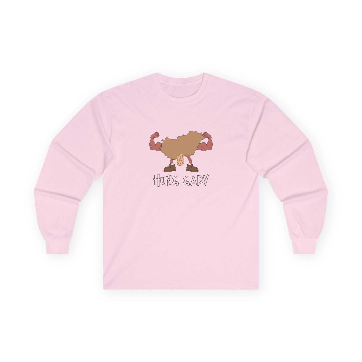 Hung Gary pun long sleeve shirt: Hungary map illustration flexing muscles with an adult-themed pixelated graphic. Funny geography.