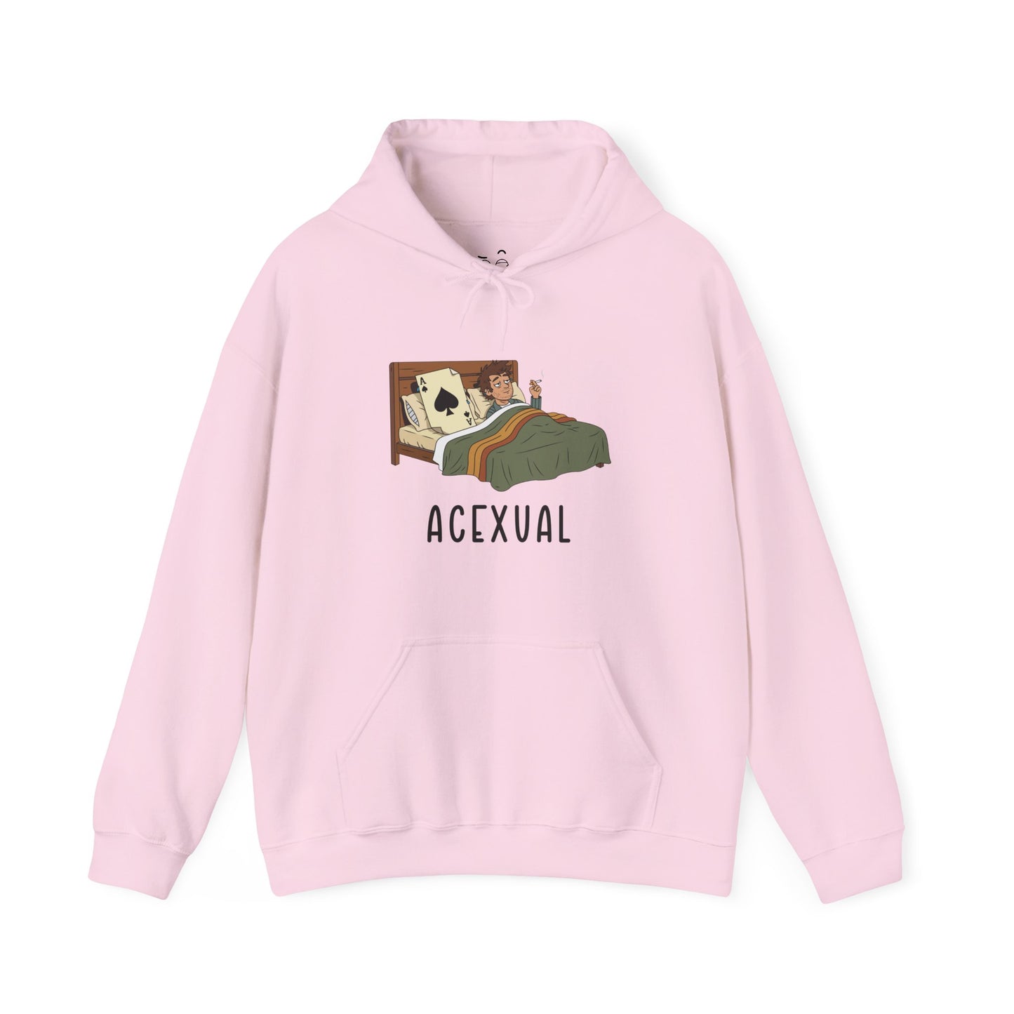 Funny Acexual hoodie design showing a man lying in bed next to an Ace playing card in a humorous asexual pun illustration.