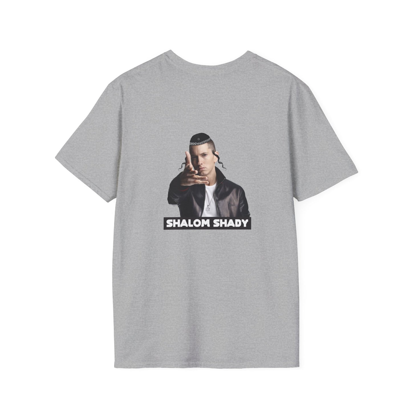 back print shirt of Eminem parody titled “Shalom Shady,” featuring Slim Shady wearing a kippa, payot, and a Star of David necklace.