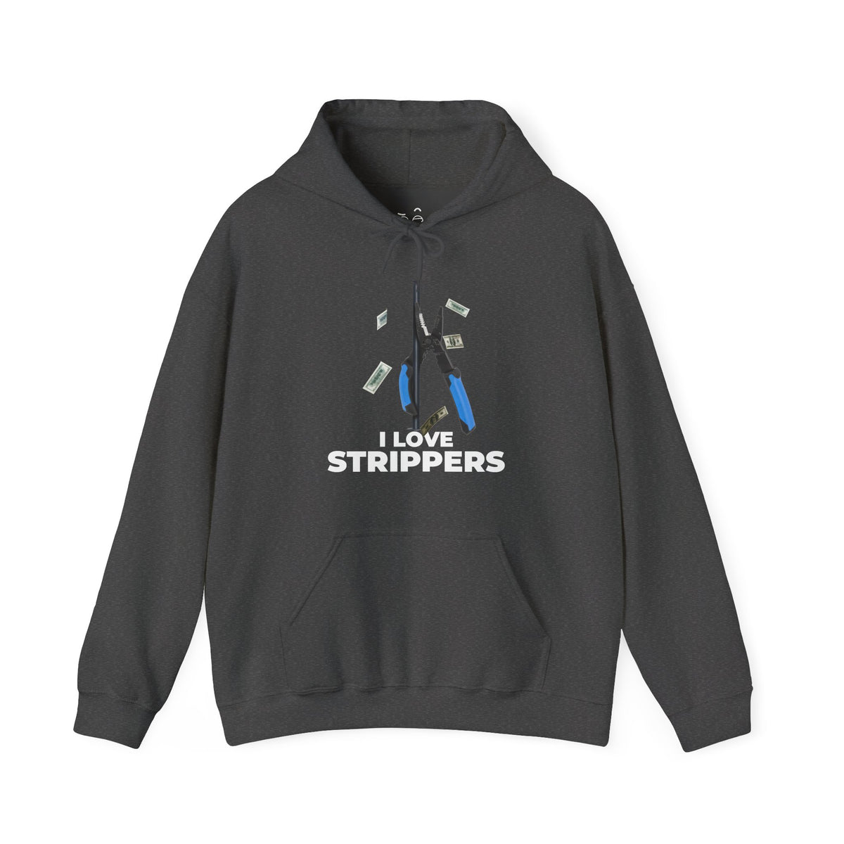 I Love Strippers Hoodie with a wire stripper dancing on a pole and dollar bills flying around, funny electrician graphic.